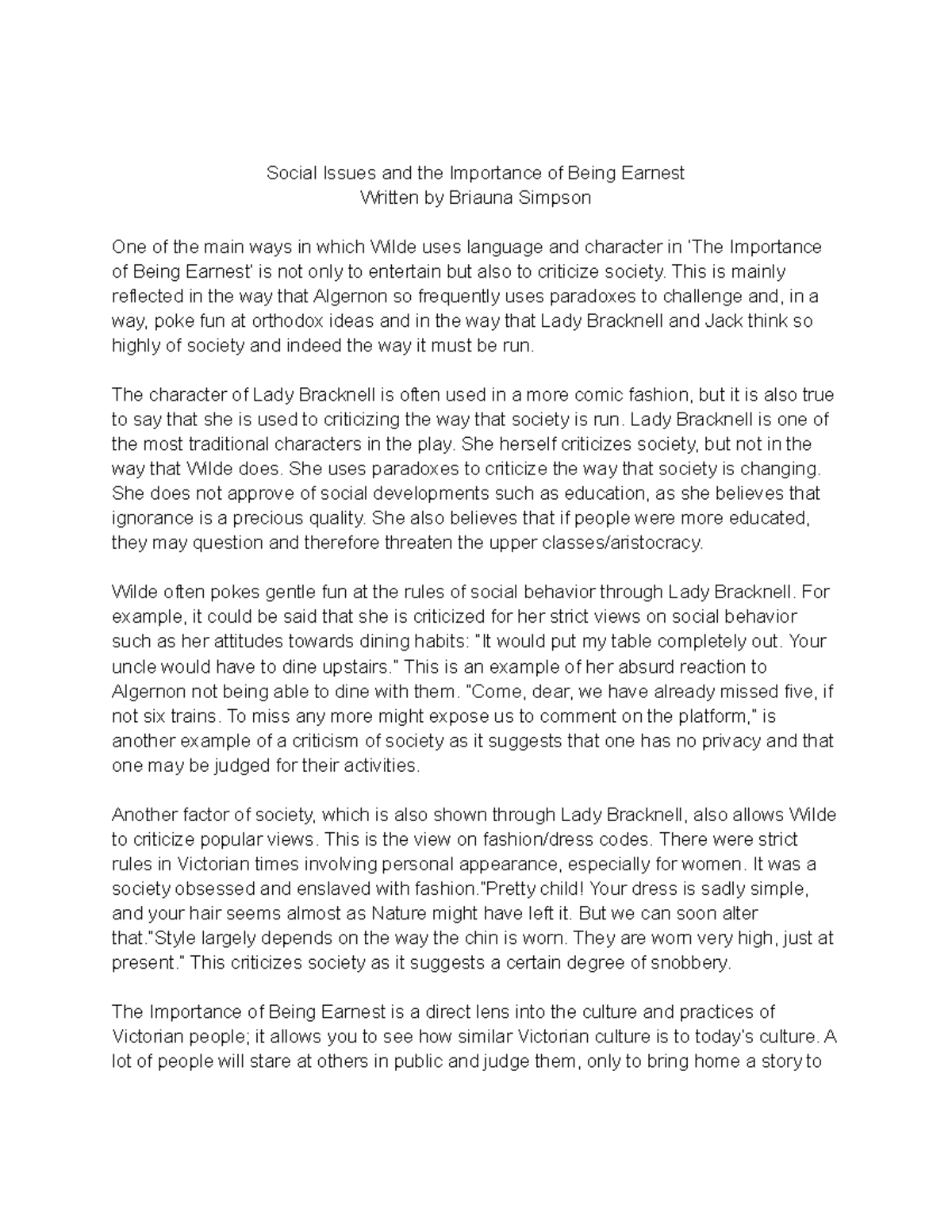 Social Issues and the Importance of Being Earnest - 201 - Western - Studocu