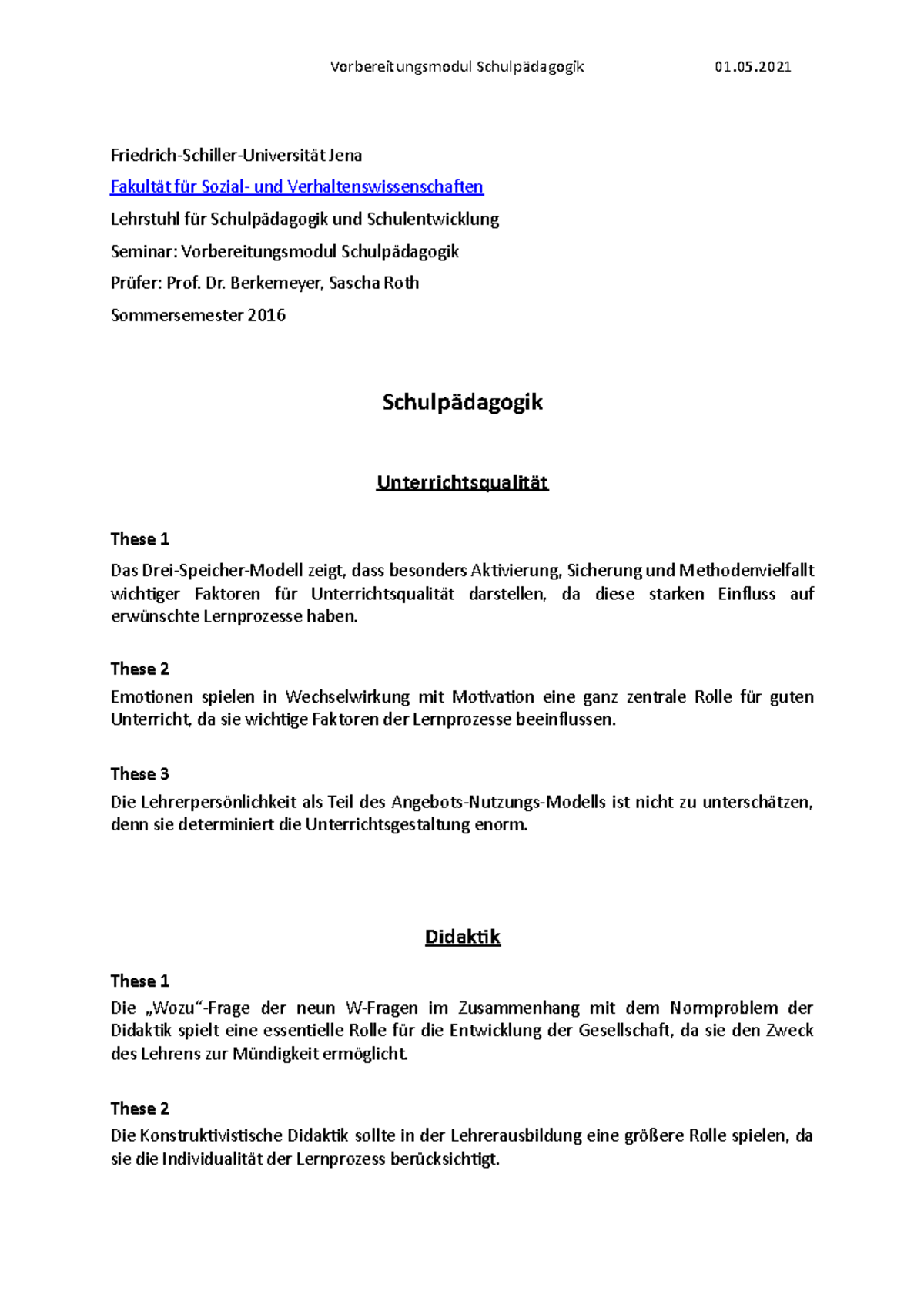 Thesenpapier - Vorbereitungsmodul Schulpädagogik 27. Friedrich-Schiller ...