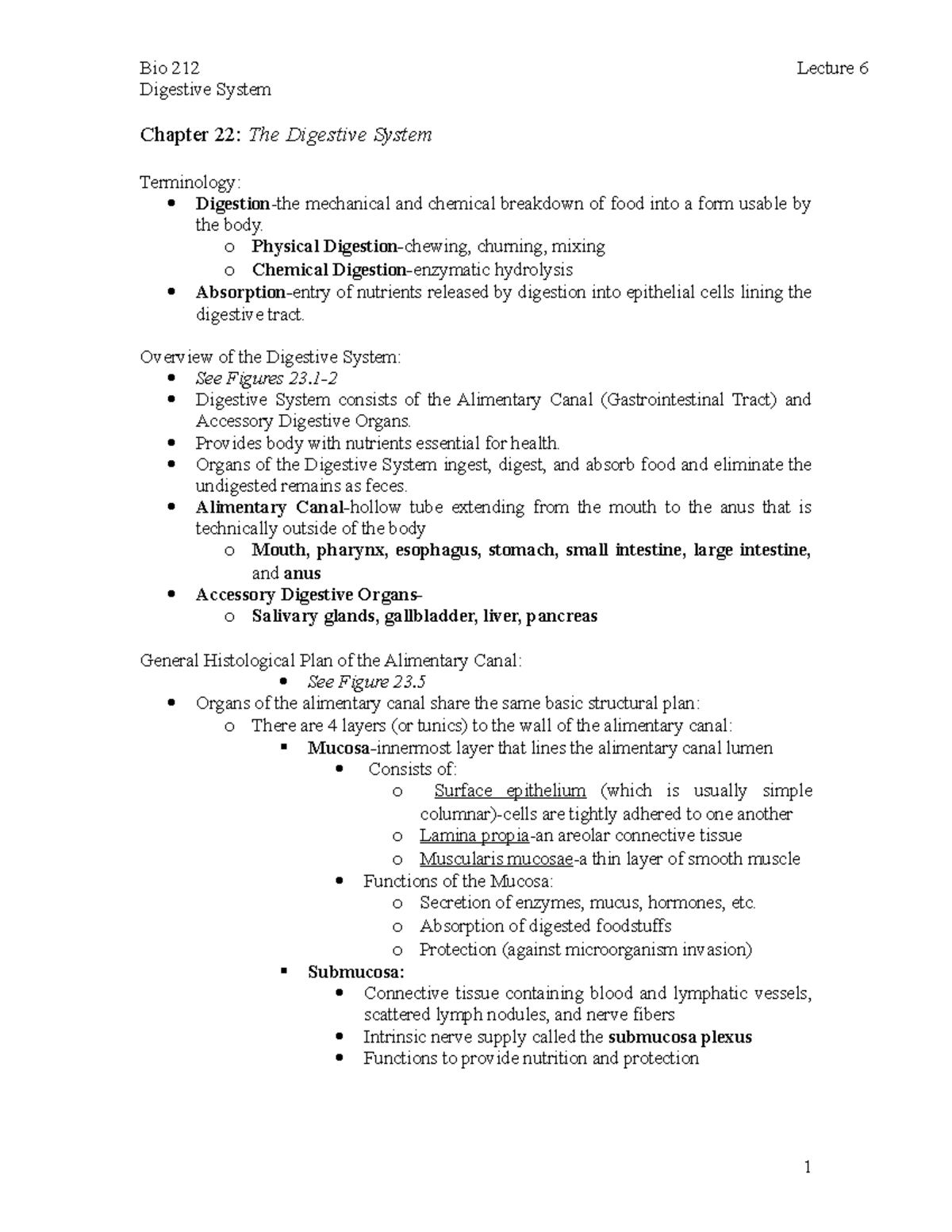 Bio 212 Lecture 6 The Digestive System Chapter 23 - Digestive System ...
