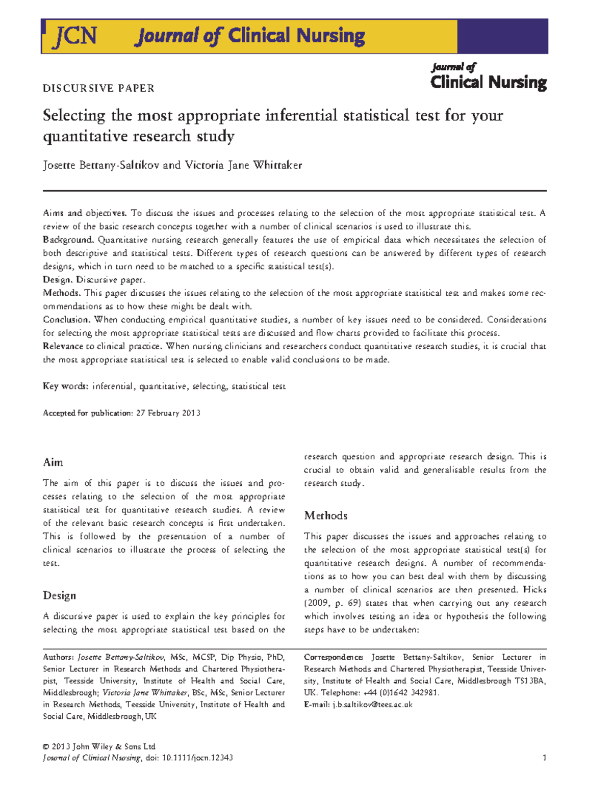Paper about selecting the most appropriate inferential statistical test ...