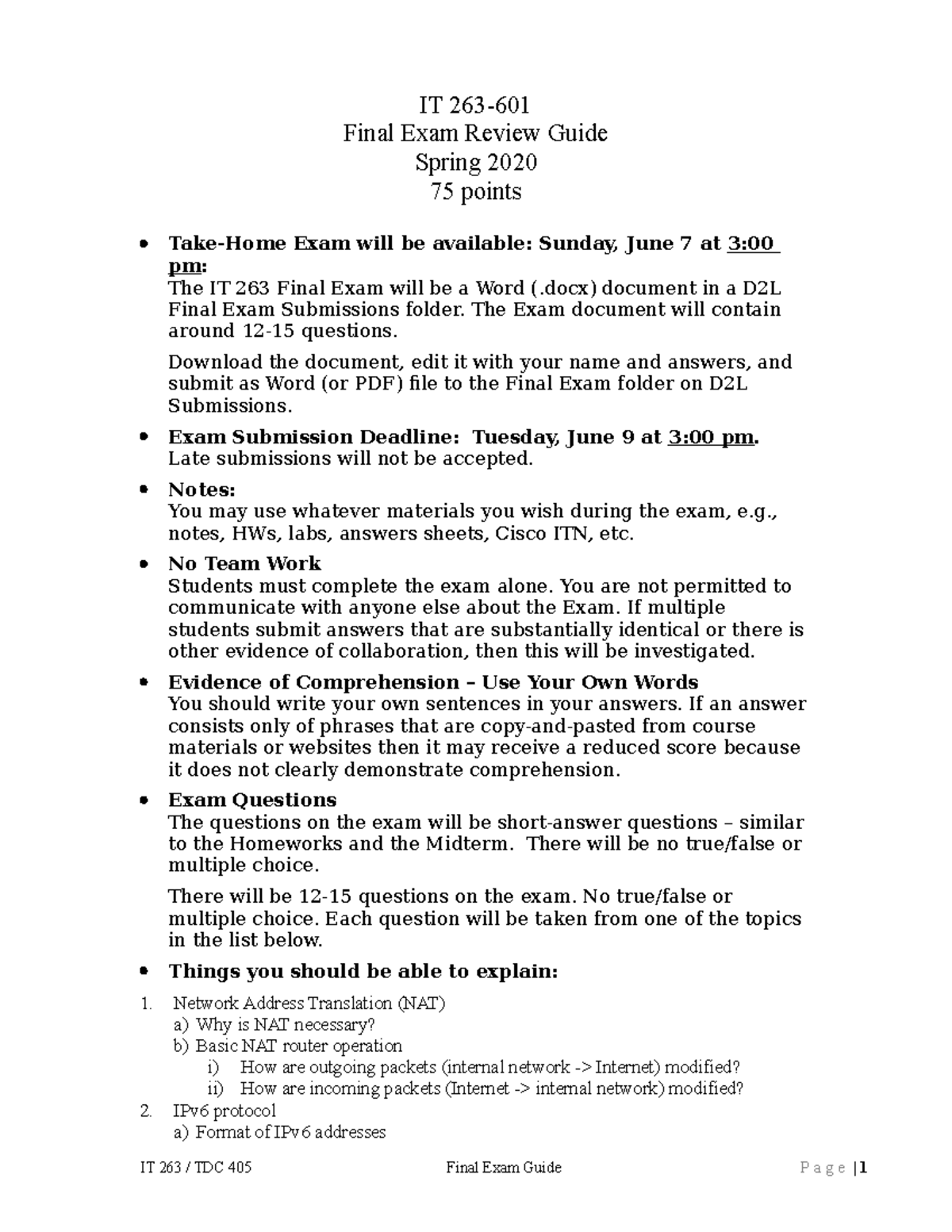 IT263-finalreview FOR EXAM - IT 263- Final Exam Review Guide Spring ...