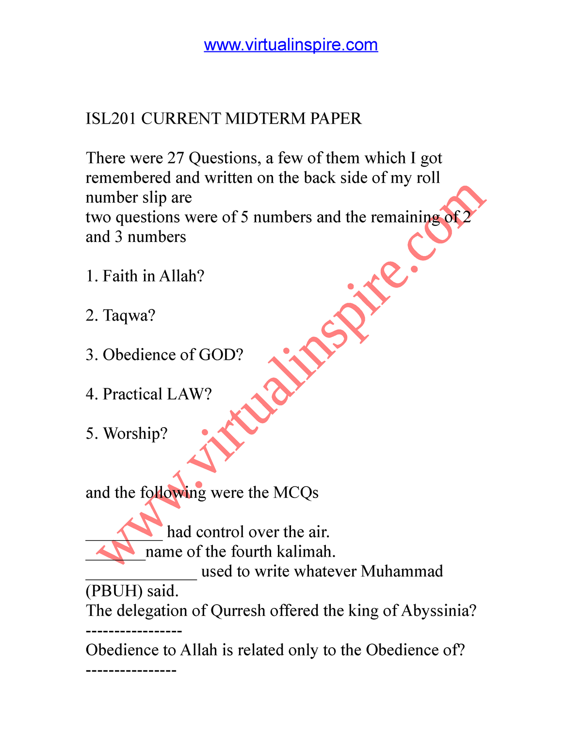 ISL201 Current Midterm Paper - Virtualinspire ISL201 CURRENT MIDTERM ...