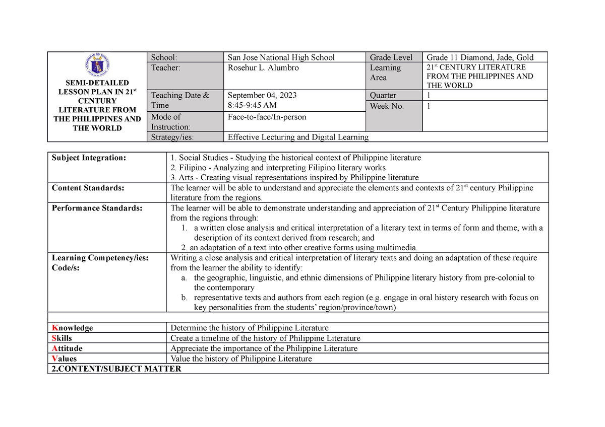 21st CL 1 semi-detailed - SEMI-DETAILED LESSON PLAN IN 21st CENTURY ...