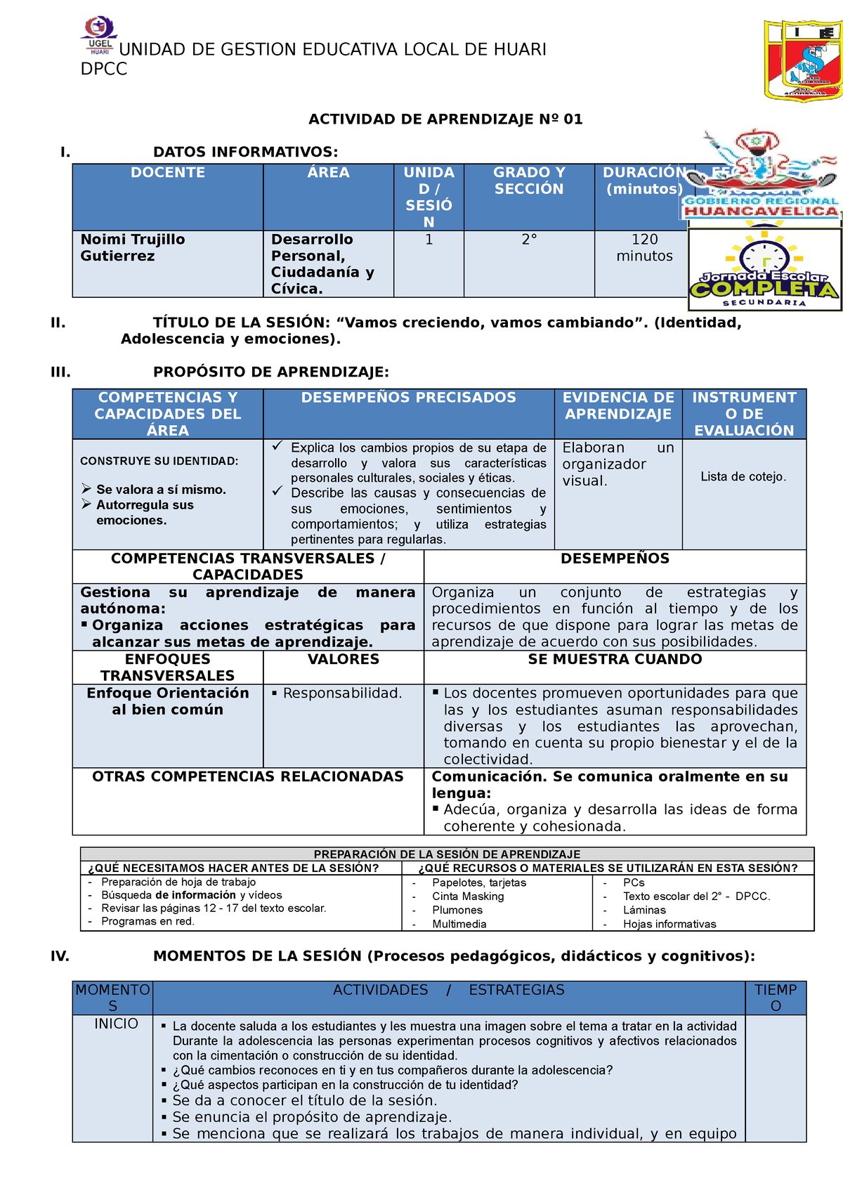 500563199 1 Sesion DE Aprendizaje DPCC Propuesta - UNIDAD DE GESTION ...