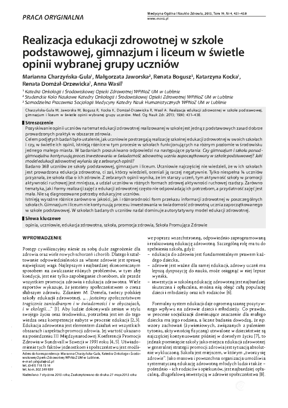 18 - Promocja Zdrowia - Medycyna Ogólna I Nauki O Zdrowiu, 2013, Tom 19 ...