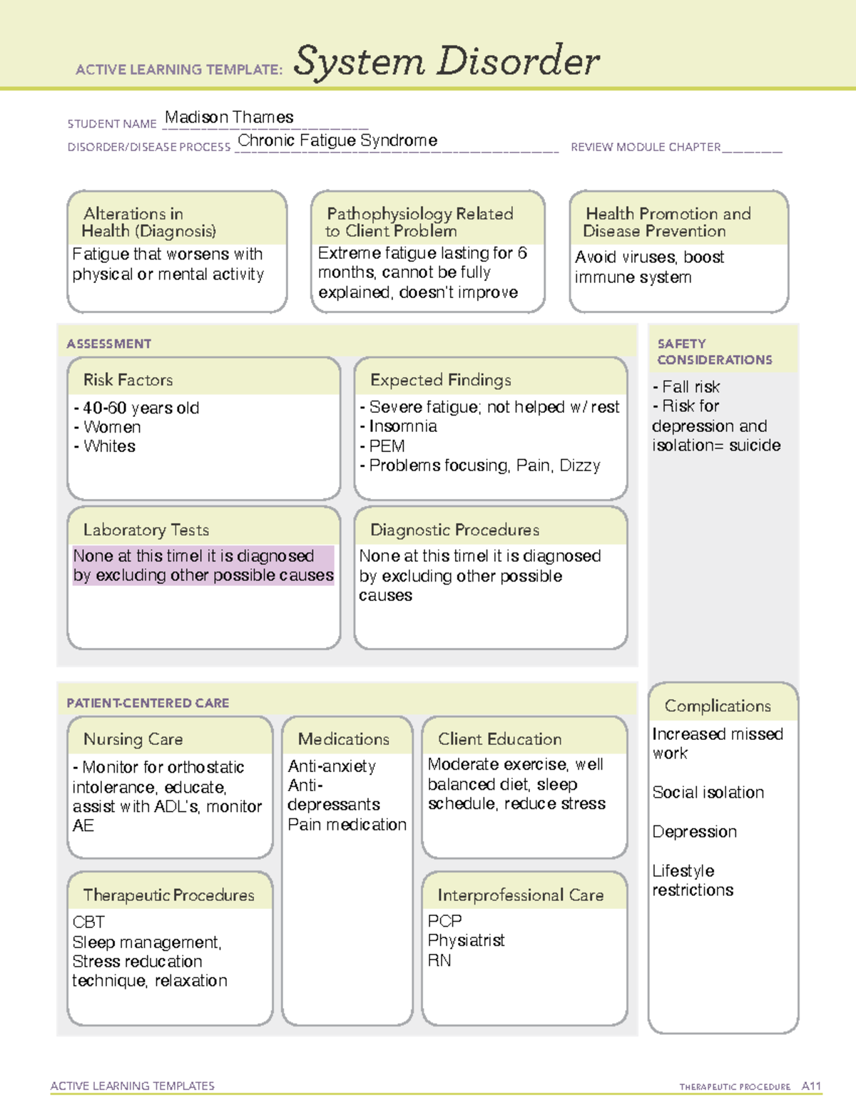 Chronic Fatigue Syndrome System Disorder ACTIVE LEARNING TEMPLATES THERAPEUTIC PROCEDURE A