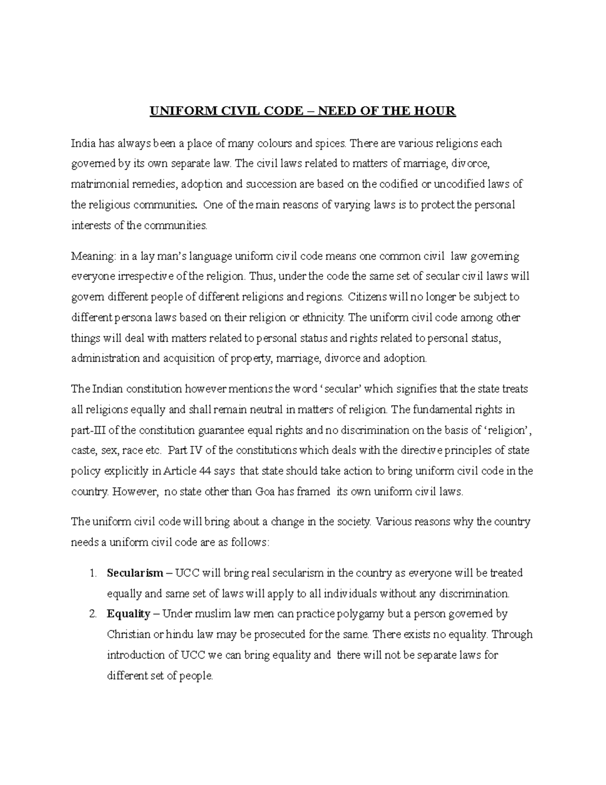 Uniform Civil CODE UCC UNIFORM CIVIL CODE NEED OF THE HOUR India