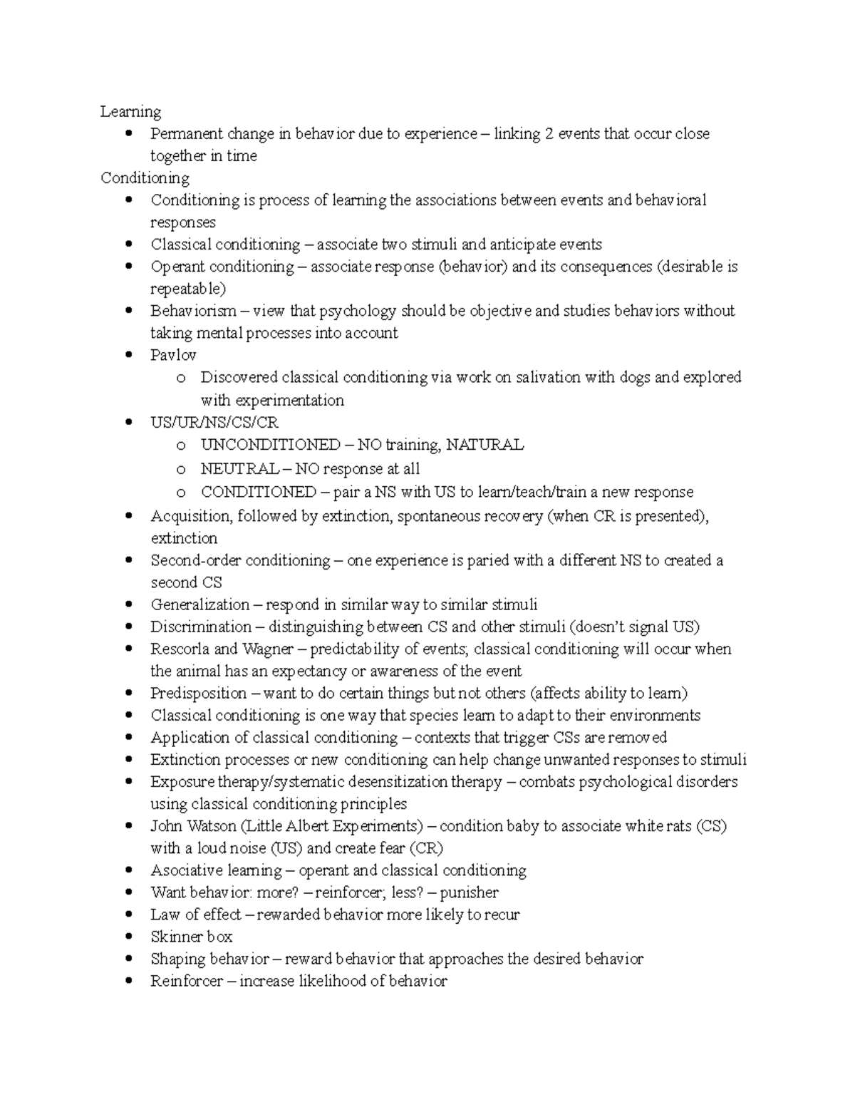 Chapter 6 Lecture Notes - Learning Permanent change in behavior due to ...