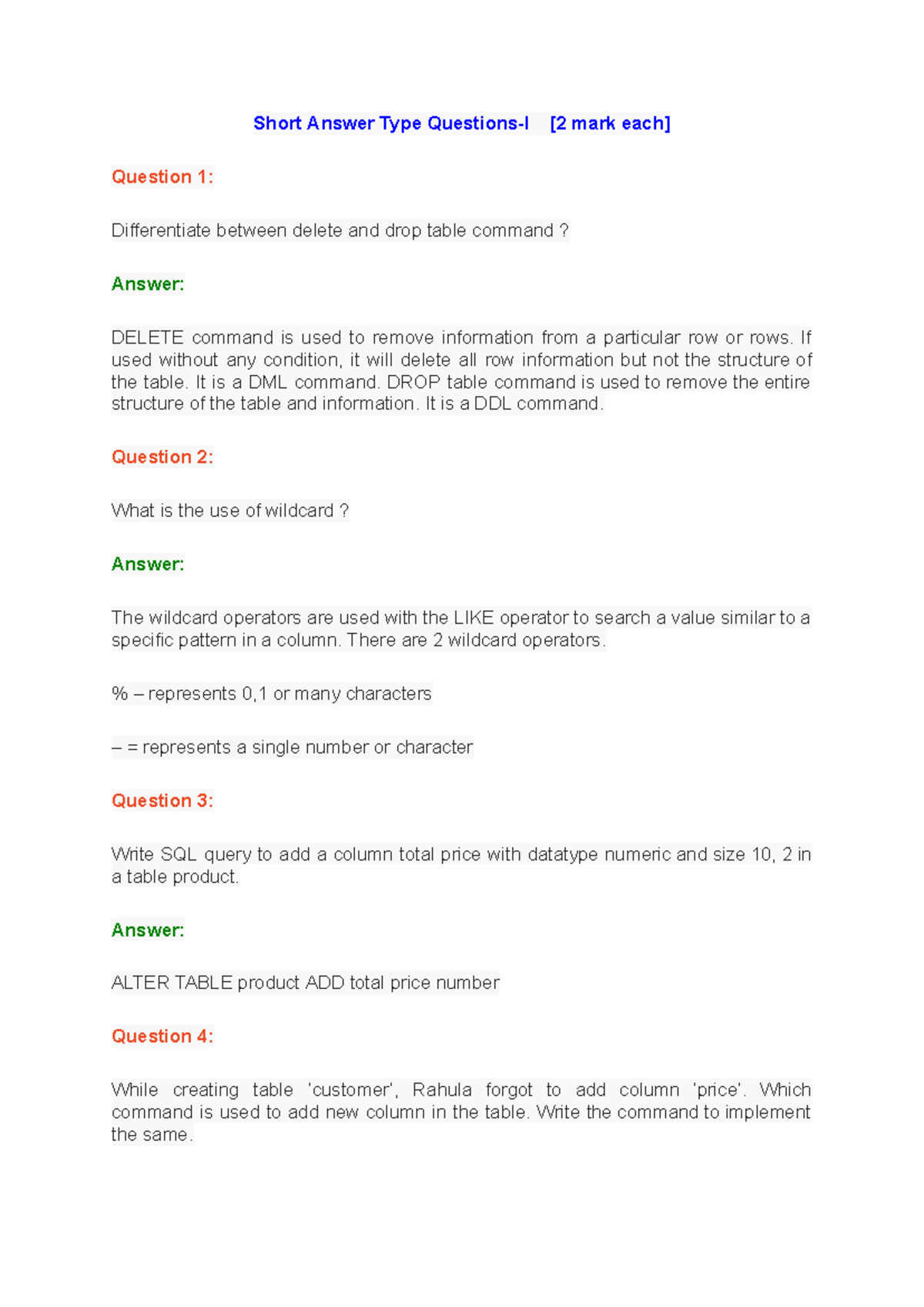Chapter 12 SQL DATA Commands - Short Answer Type QuestionsI [2 mark ...