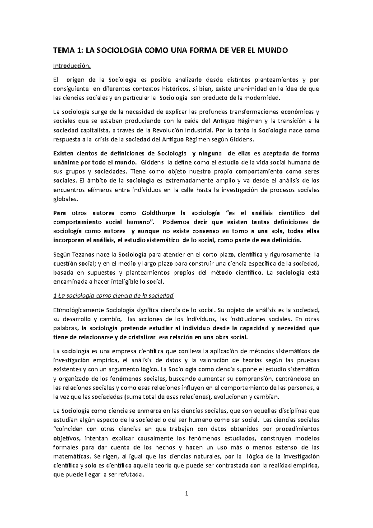 Introduccion A La Sociologia - TEMA 1: LA SOCIOLOGIA COMO UNA FORMA DE ...