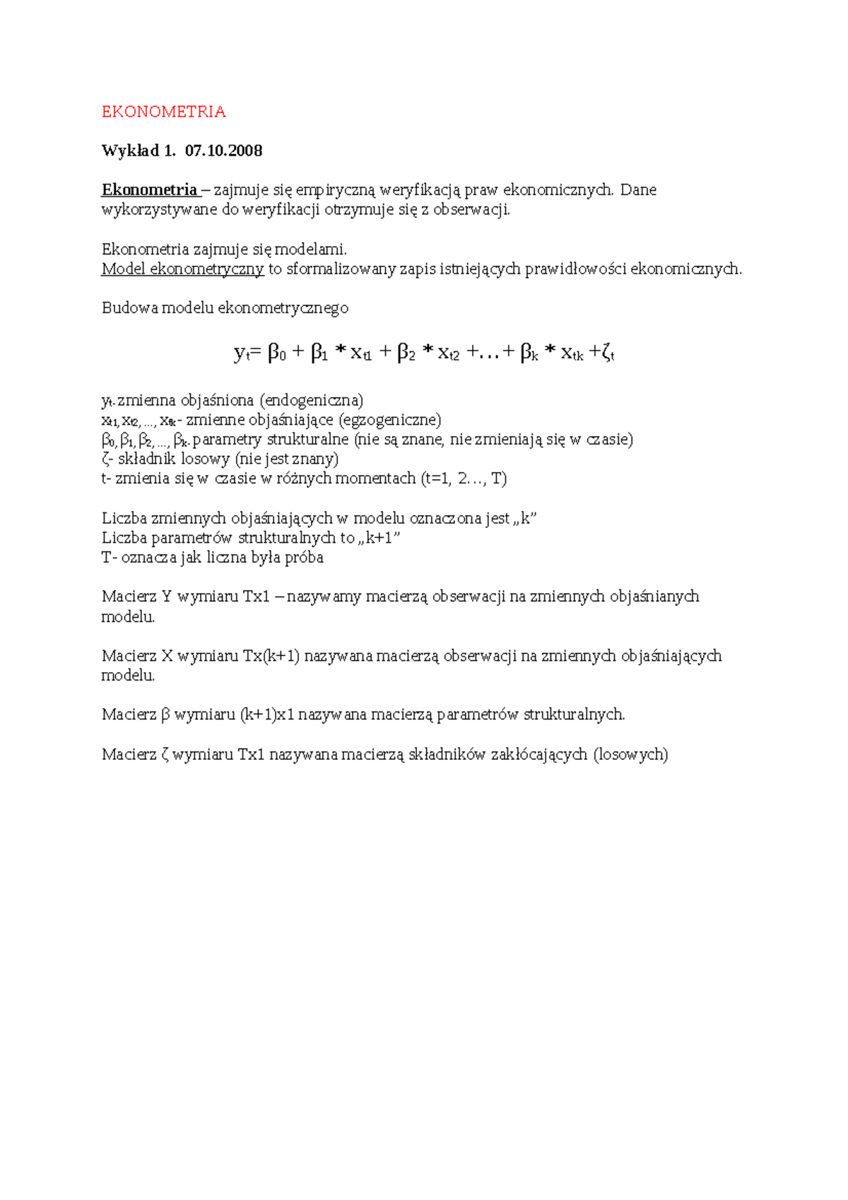 Ekonometria - Wstep - Notatki Z Wykładu - EKONOMETRIA Wykład 1. 07 ...