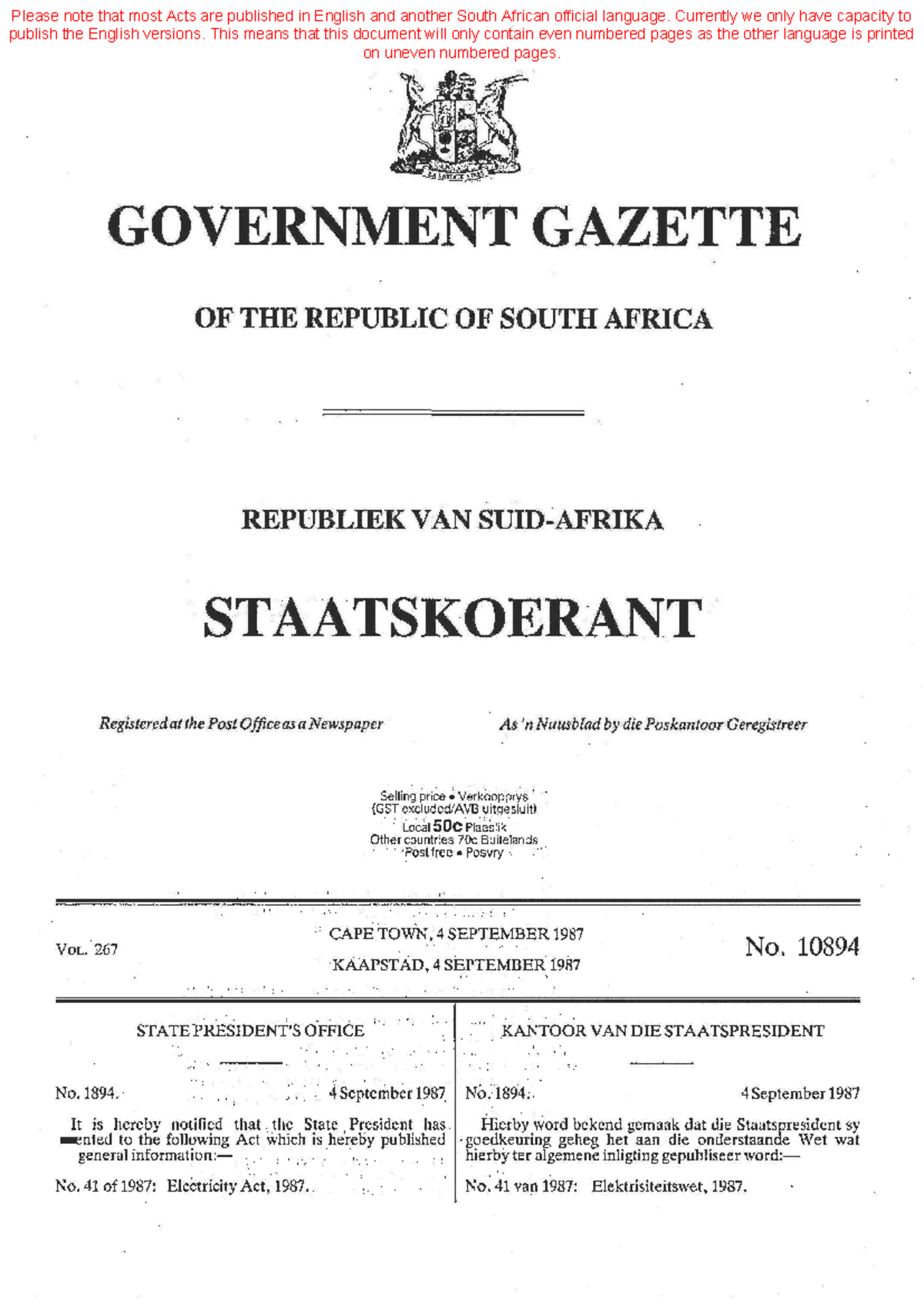 Act411987 Electricity act in south africa GOVERNMENT GAZETTE OF
