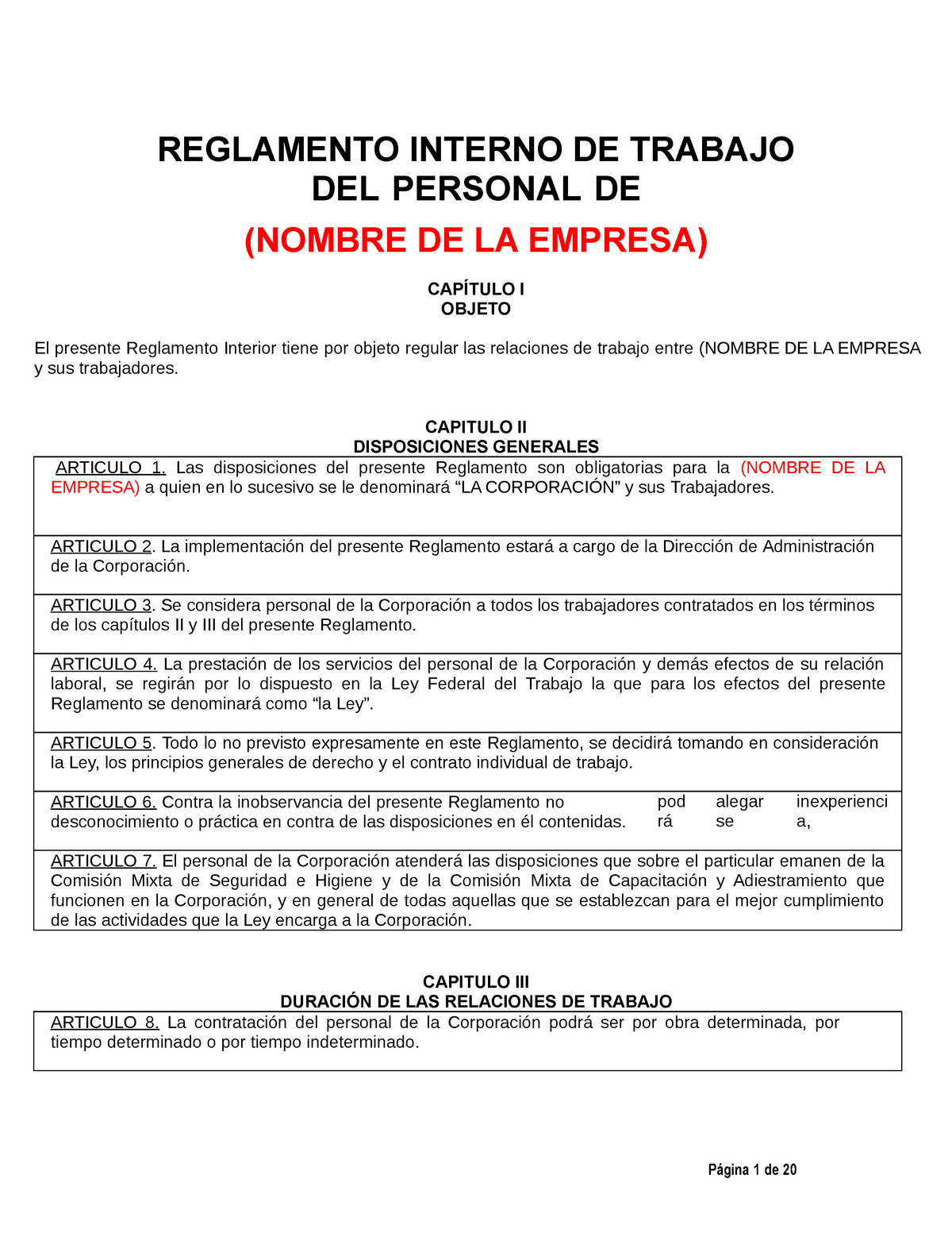 Machote de formato de reglamento interno de trabajo - REGLAMENTO INTERNO DE  TRABAJO DEL PERSONAL DE - Studocu