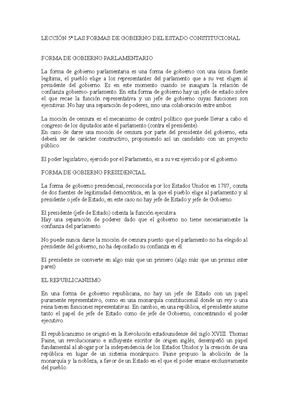 Lección 5 Formas de gobierno - LECCIÓN 5ª LAS FORMAS DE GOBIERNO DEL ...