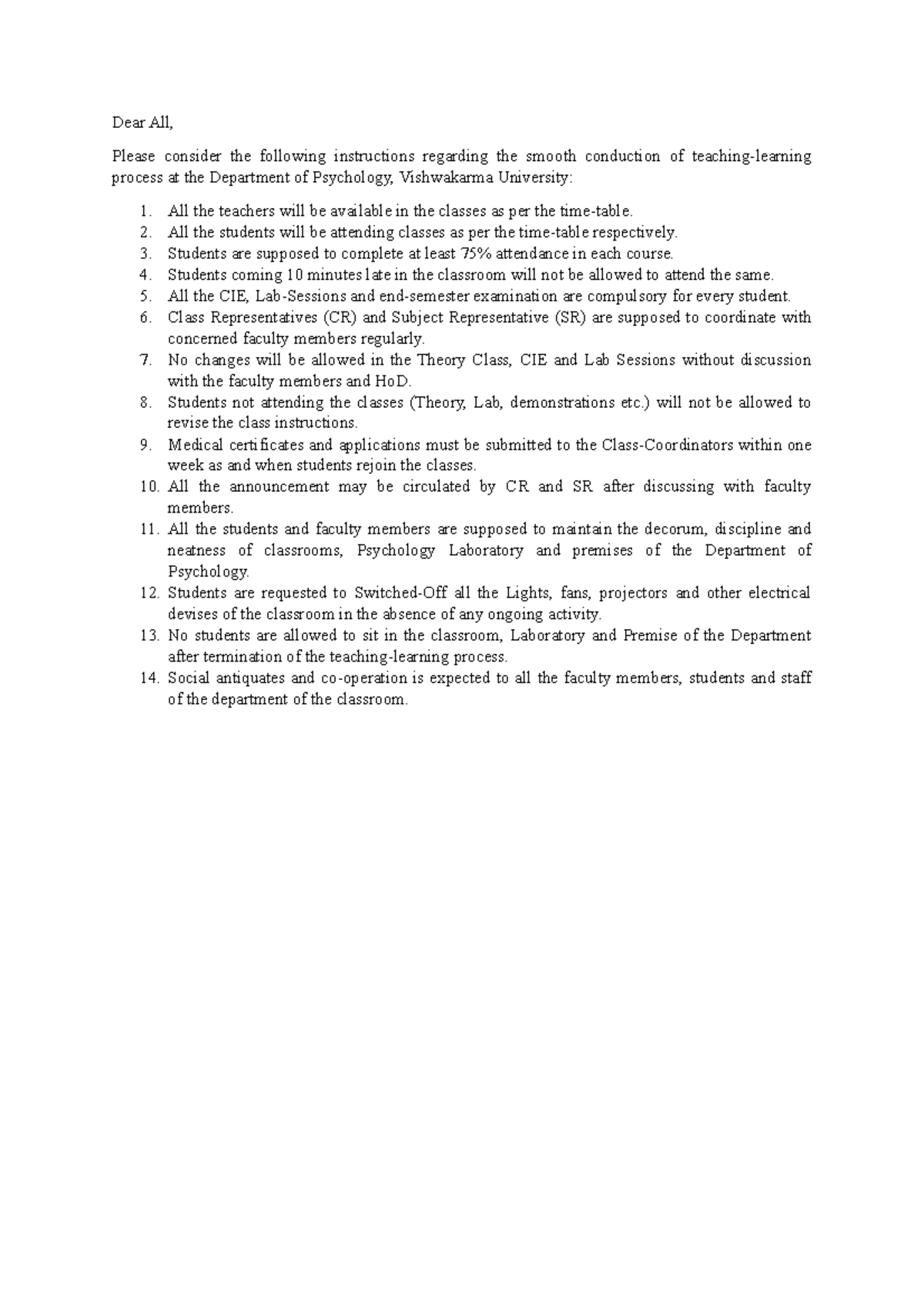 Code of Conduct Class notese Dear All, Please consider the