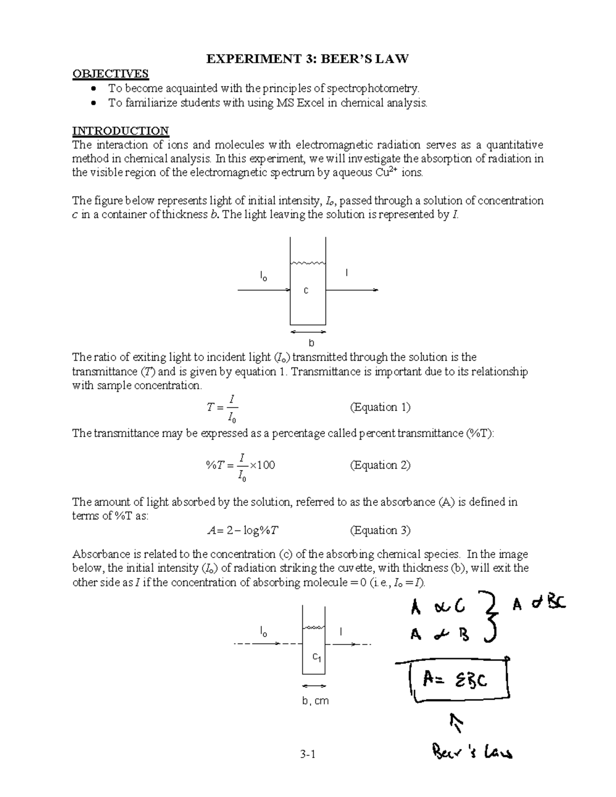 Beers law experiment 3 3 EXPERIMENT 3 BEER’S LAW OBJECTIVES • To