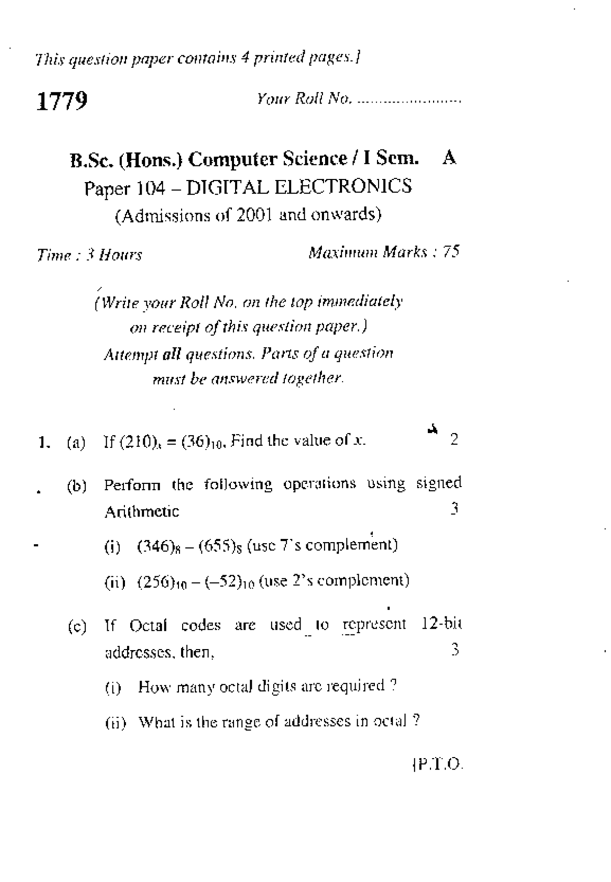 B.SC. (HONS) Computer Science I SEM, Paper 104 Digital Electronics