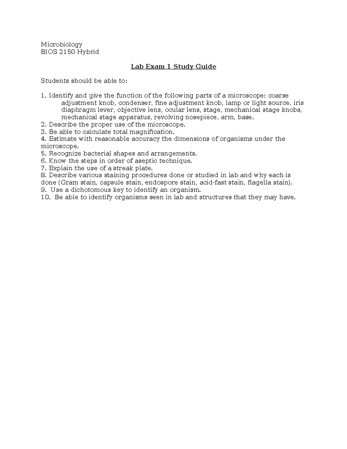 Unit 1 Lab Exam Study Guide - Microbiology BIOS 2150 Hybrid Lab Exam 1 ...