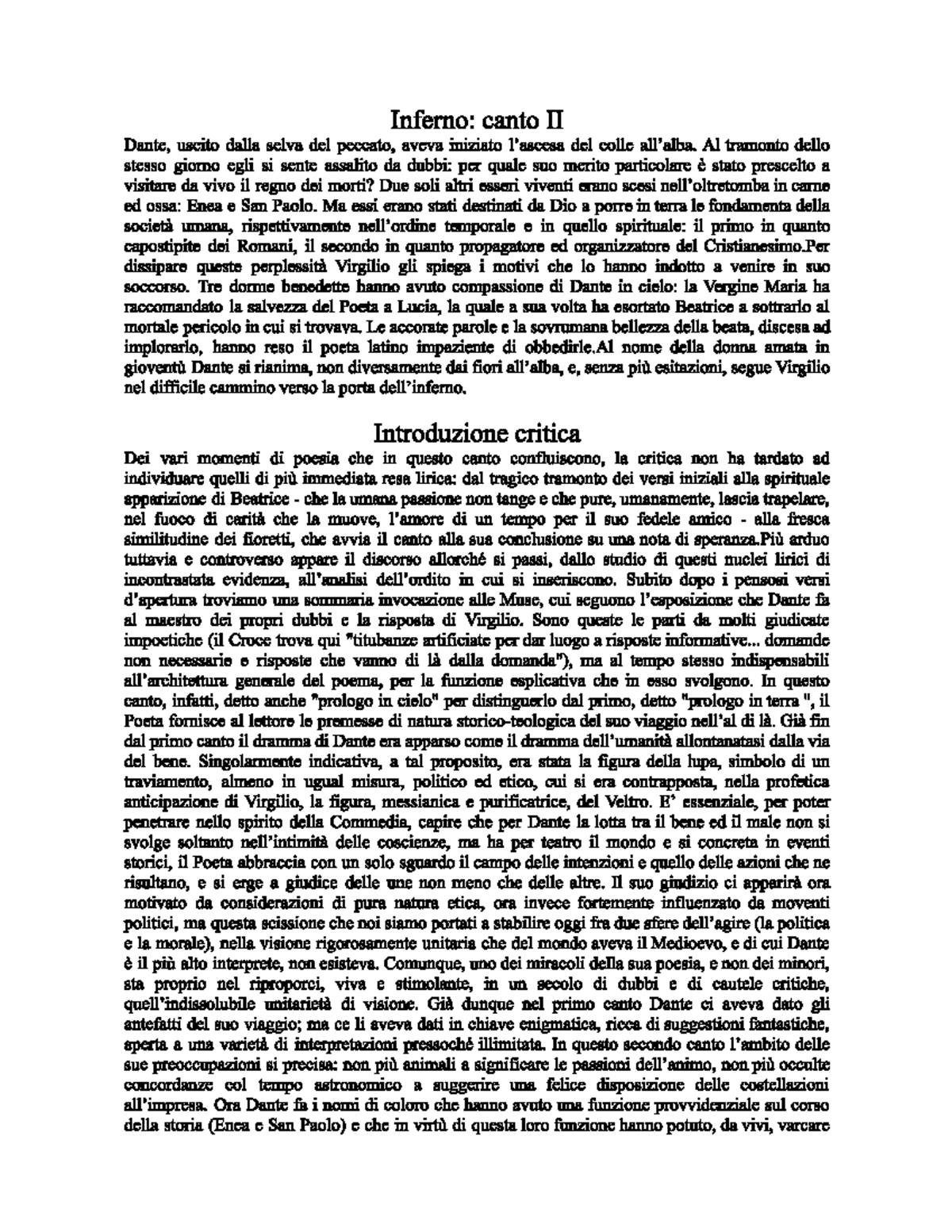 Breve Riassunto E Analisi Canto II Inferno Divina Commedia