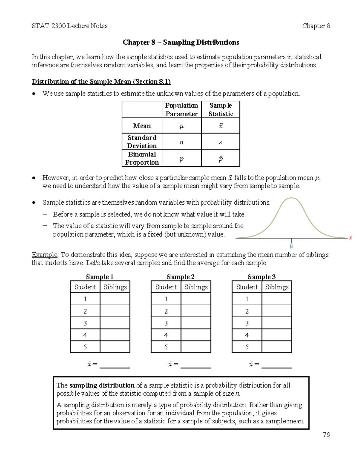 Chapter 8 Notes Fall 22 - Chapter 8 – Sampling Distributions In this ...