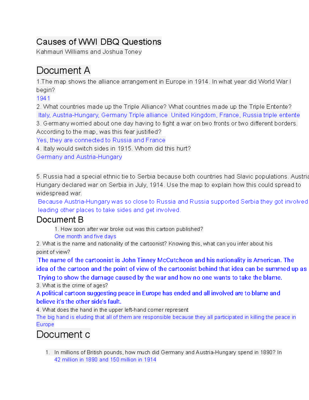 Dbq answers Causes of WWI DBQ Questions Kahmauri Williams and Joshua