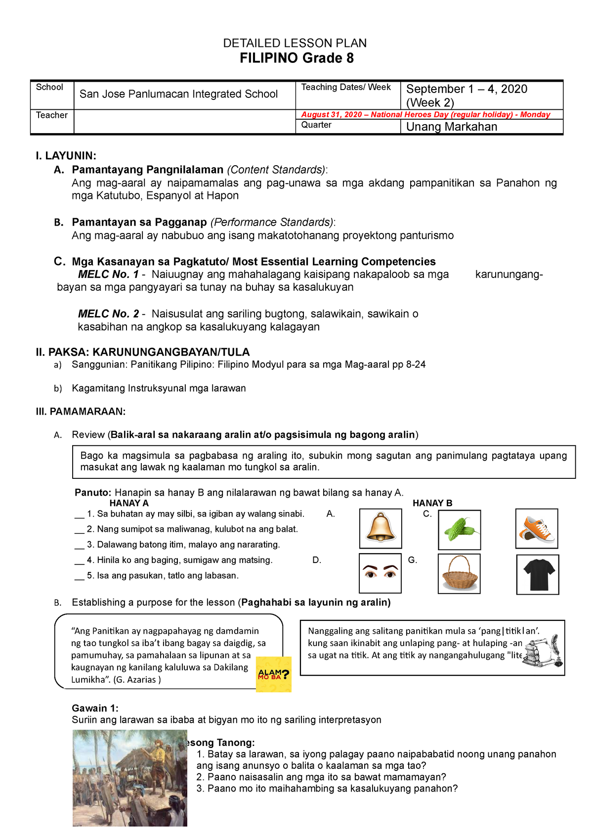 479354061 Detailed Lesson PLAN Week 1 2 Filipino 8 Doc - DETAILED ...