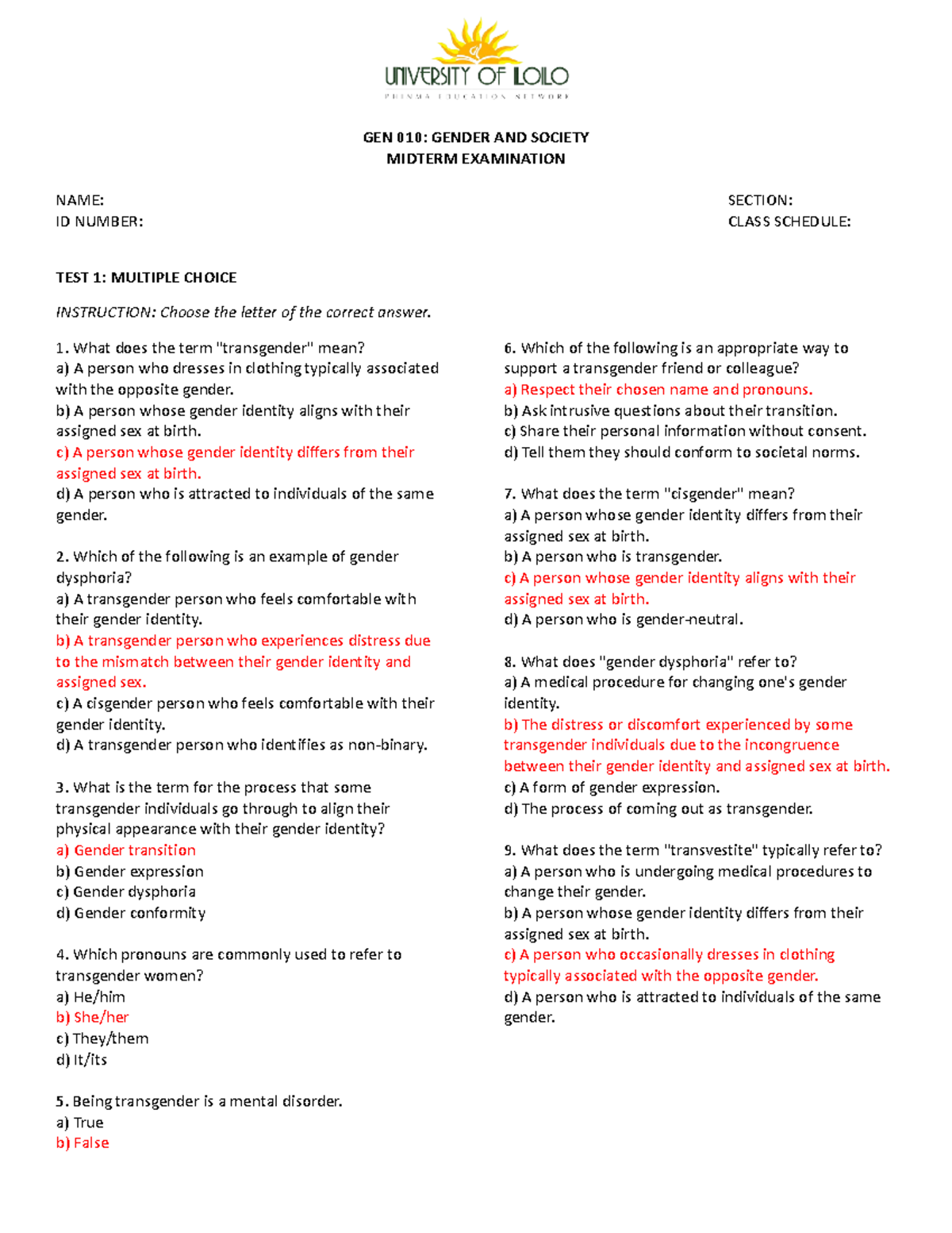 GEN-010-exam - none - GEN 010: GENDER AND SOCIETY MIDTERM EXAMINATION ...