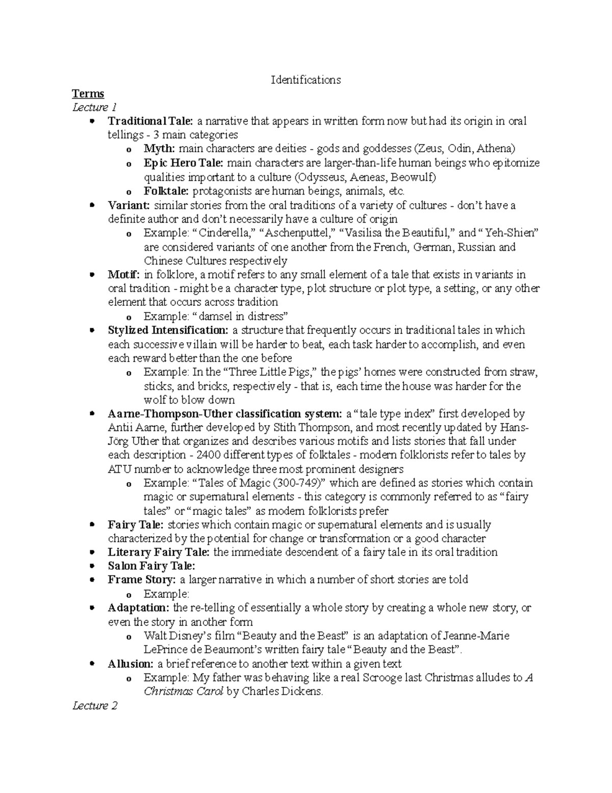 ENG 214 Beauty & The Beast Traditional Versions - Identifications Terms ...