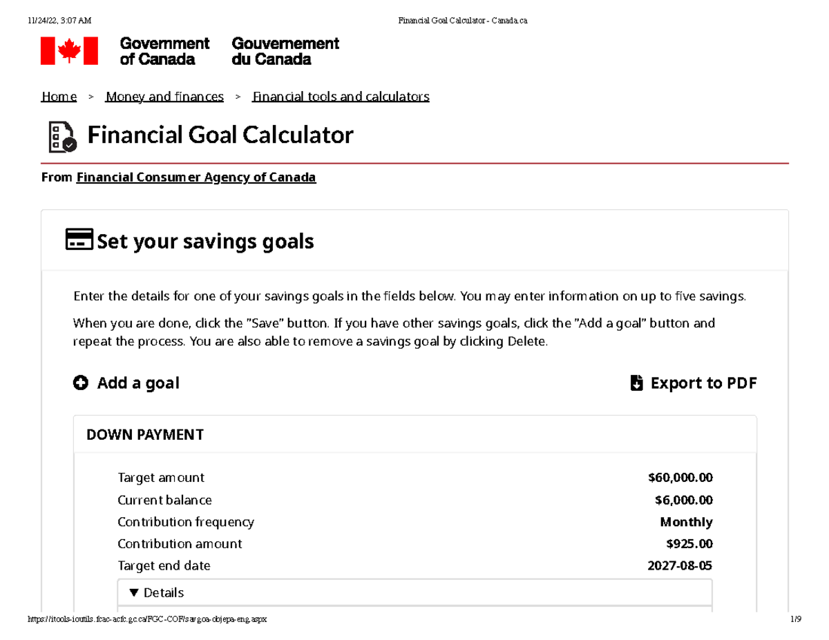 Financial Goal Calculator - Canada - Home > Money and nances ...