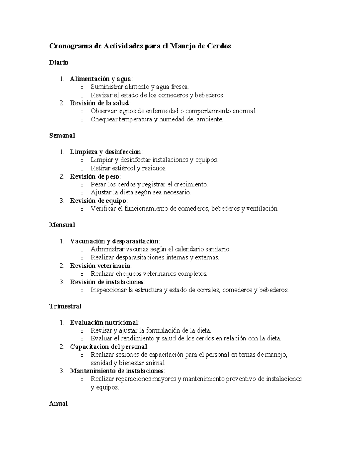 Cronograma de Actividades para el Manejo de Cerdos - Alimentación y ...