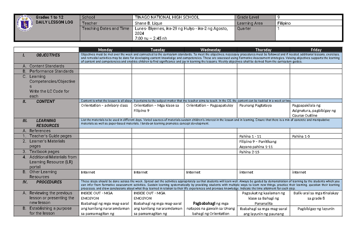 DLL-week 1 - DLL - Grades 1 to 12 DAILY LESSON LOG School TINAGO ...