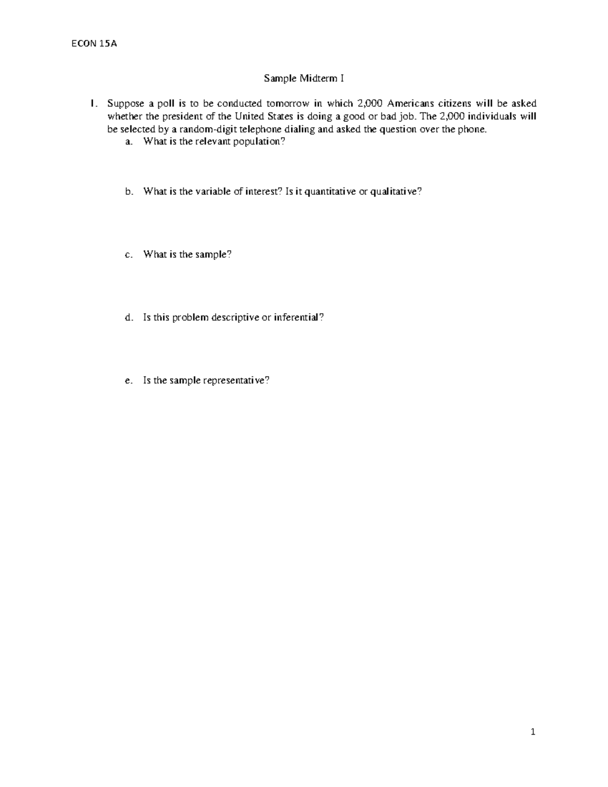 Sample Midterm 1 For Exam1 - Sample Midterm I Suppose A Poll Is To Be ...