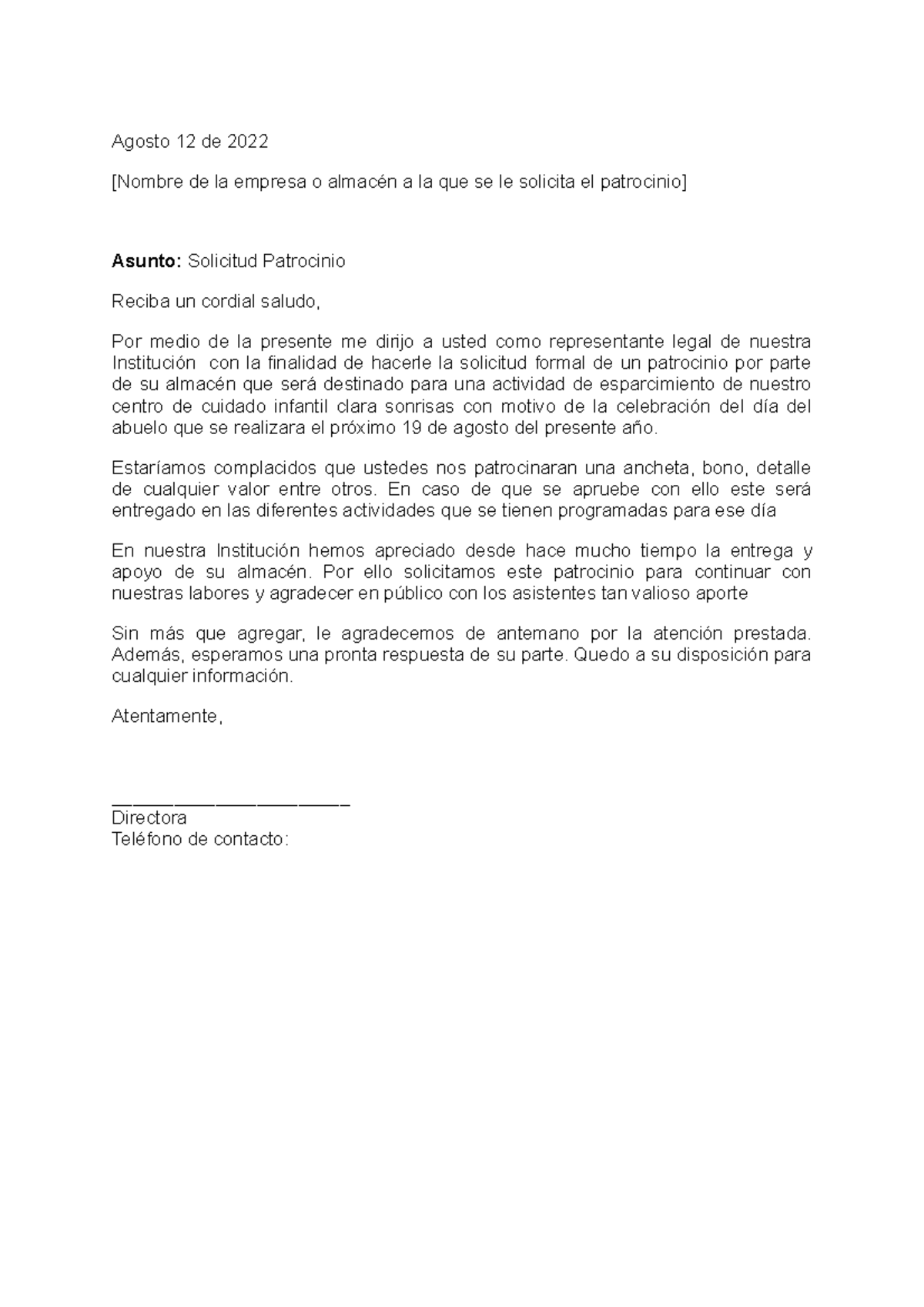 Modelo carta de patrocinio - Agosto 12 de 2022 [Nombre de la empresa o  almacén a la que se le - Studocu