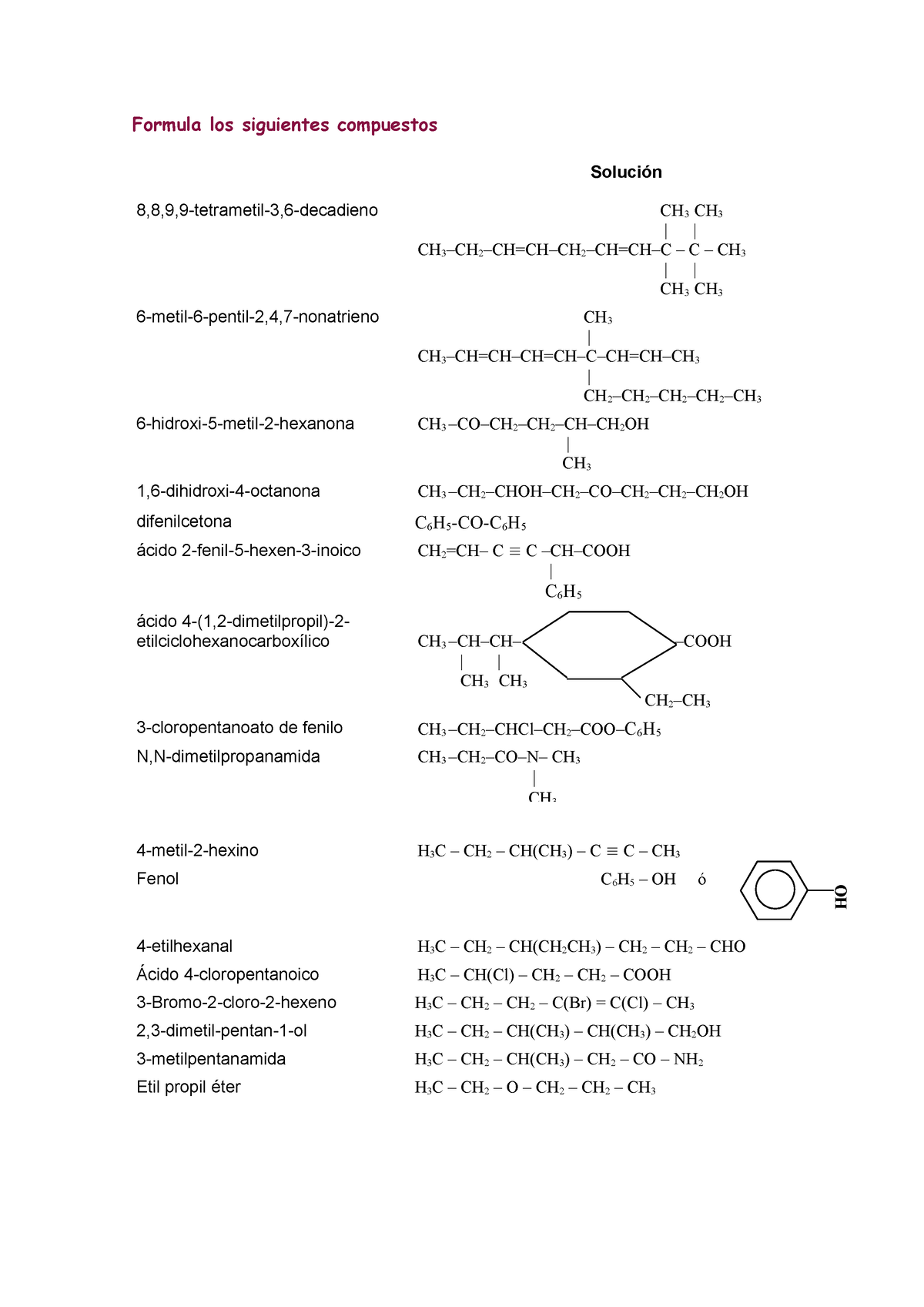 Ejercicios Formulacion Organica Con Solucion 2 - Formula Los Siguientes ...