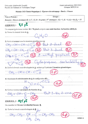 QCM C42 2019-2020 - Examen Chimie Organique - UNIVERSITÉ ABDELMALEK ...