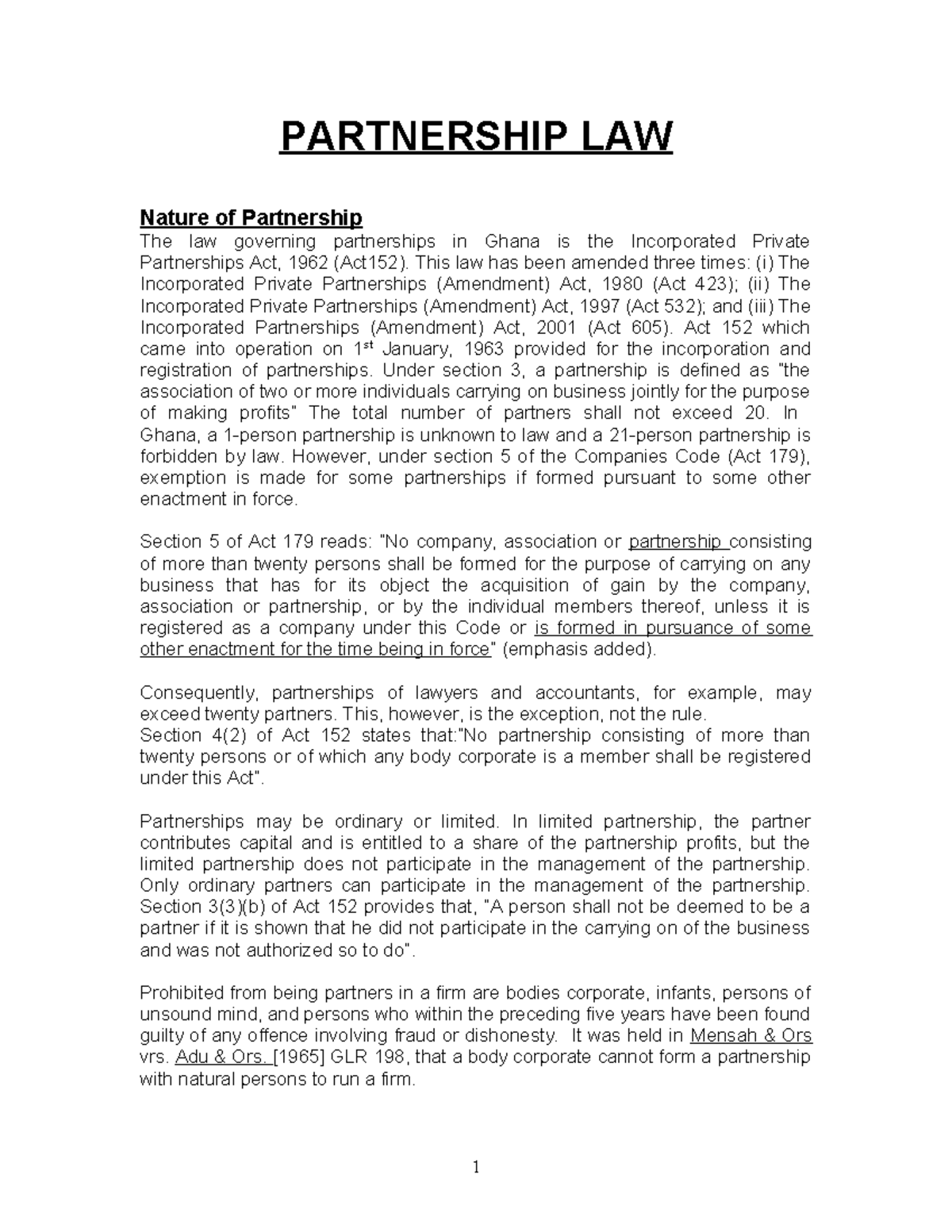 Partnership law 17 4 2010 PARTNERSHIP LAW Nature of Partnership The