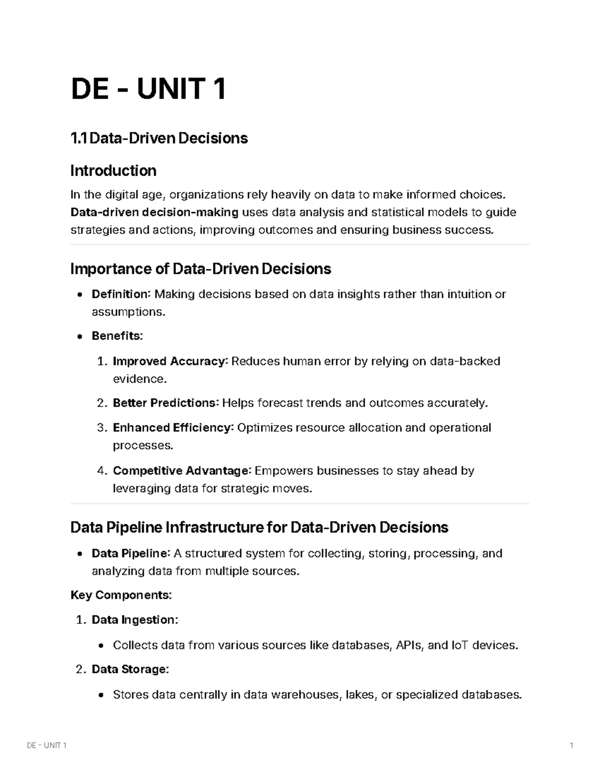 Dat Engineering Unit 1 - DE - UNIT 1 1 Data-Driven Decisions ...