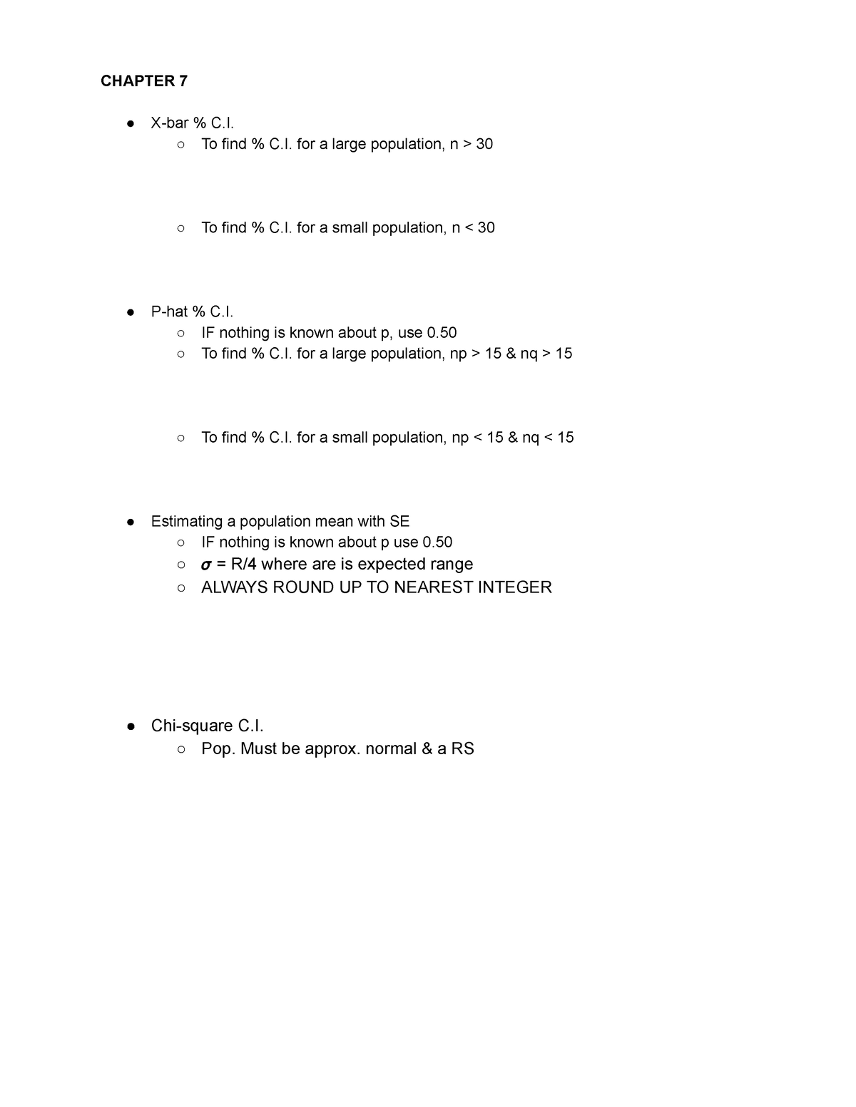 STA 3312 Formula Sheet CHAPTER 7 Xbar C. To find C. for a large