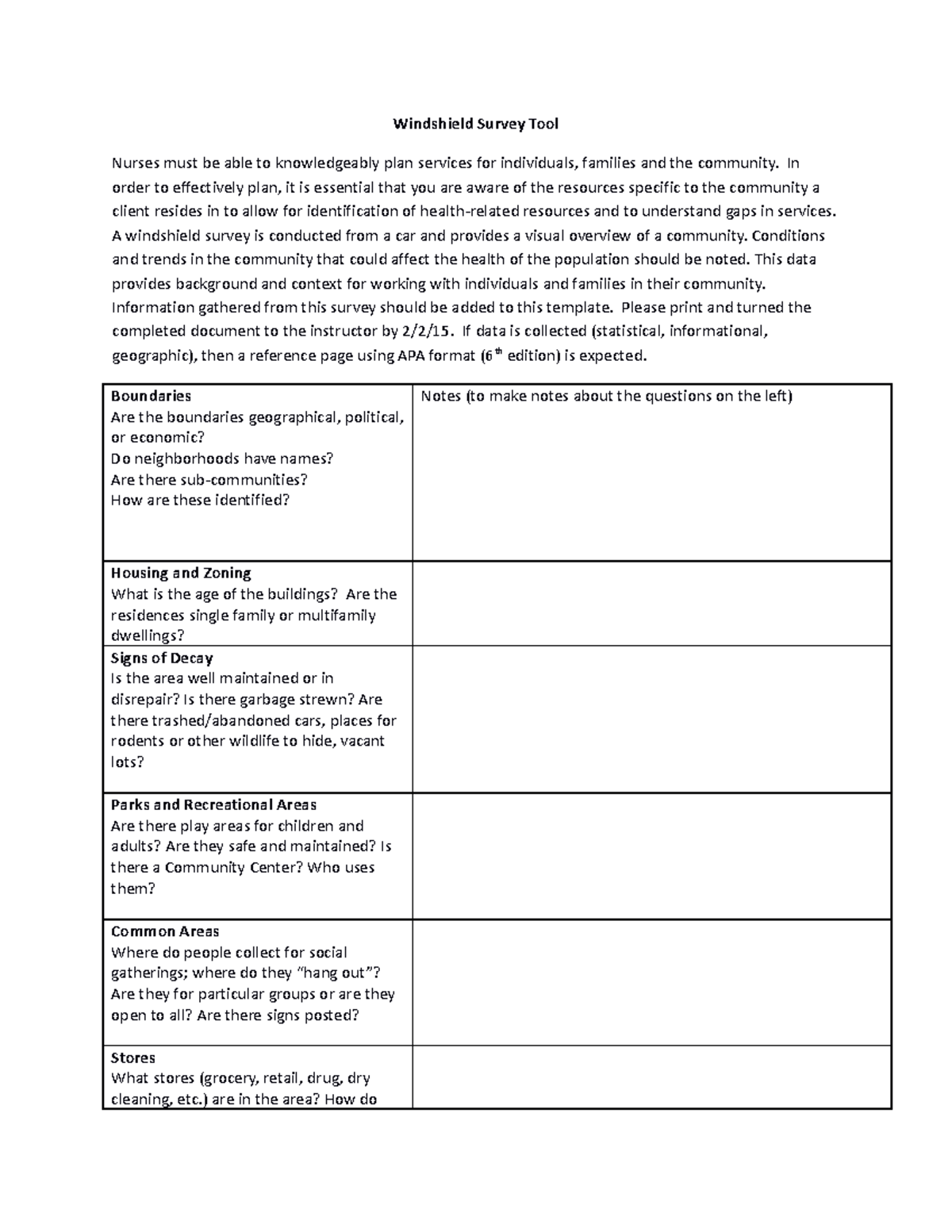 Windshield Survey Tool 1 - Windshield Survey Tool Nurses must be able ...