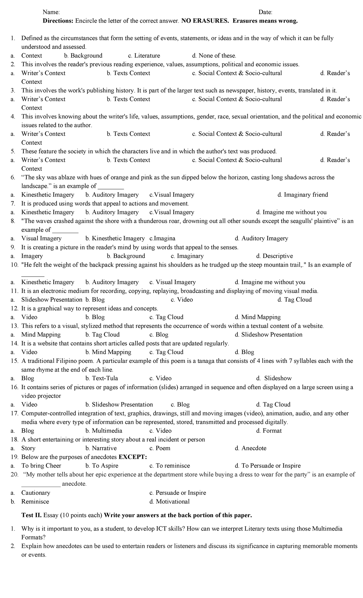 21st longquiz long quiz for students name date directions