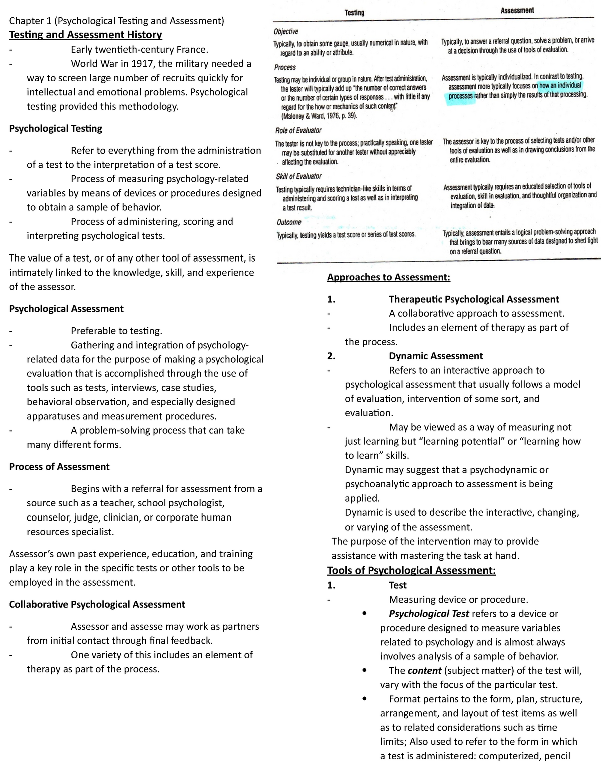 Chapter 1 - Summary Psychological Testing and Assessment: an