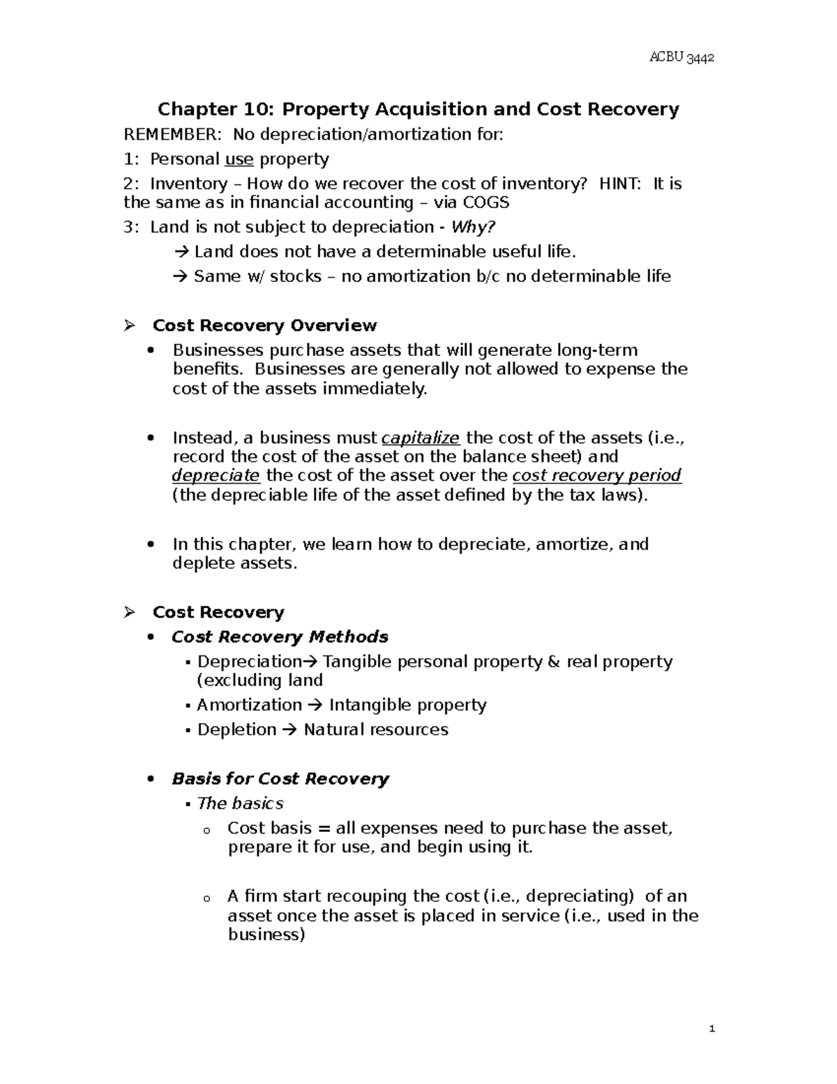 Chapter 10 - Lecture notes 28-30 - Chapter 10: Property Acquisition and ...