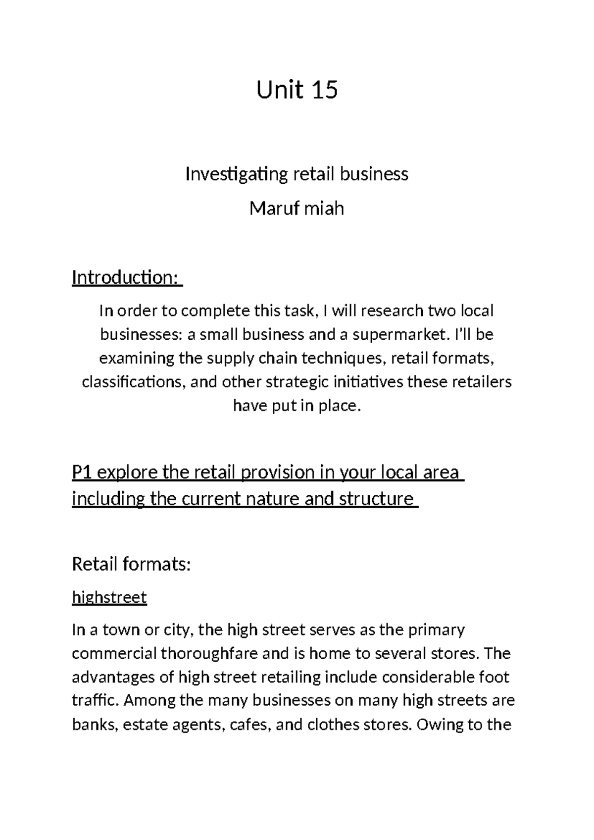 Unit 15 Unit 15 Betec Business Course Work Unit 15 Investigating Retail Business Maruf Miah