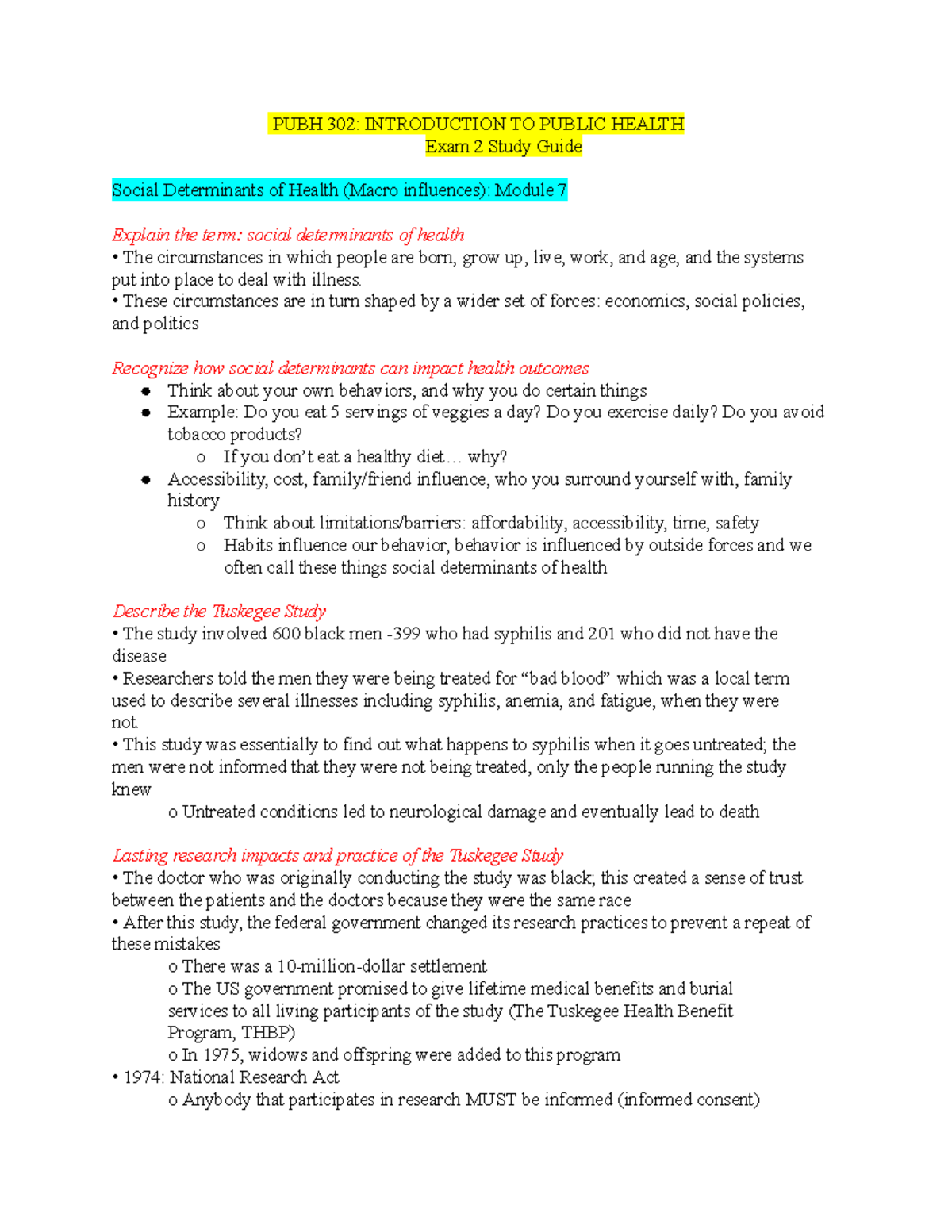 PUBH 302 Exam 2 Study Guide And Notes - PUBH 302: INTRODUCTION TO ...