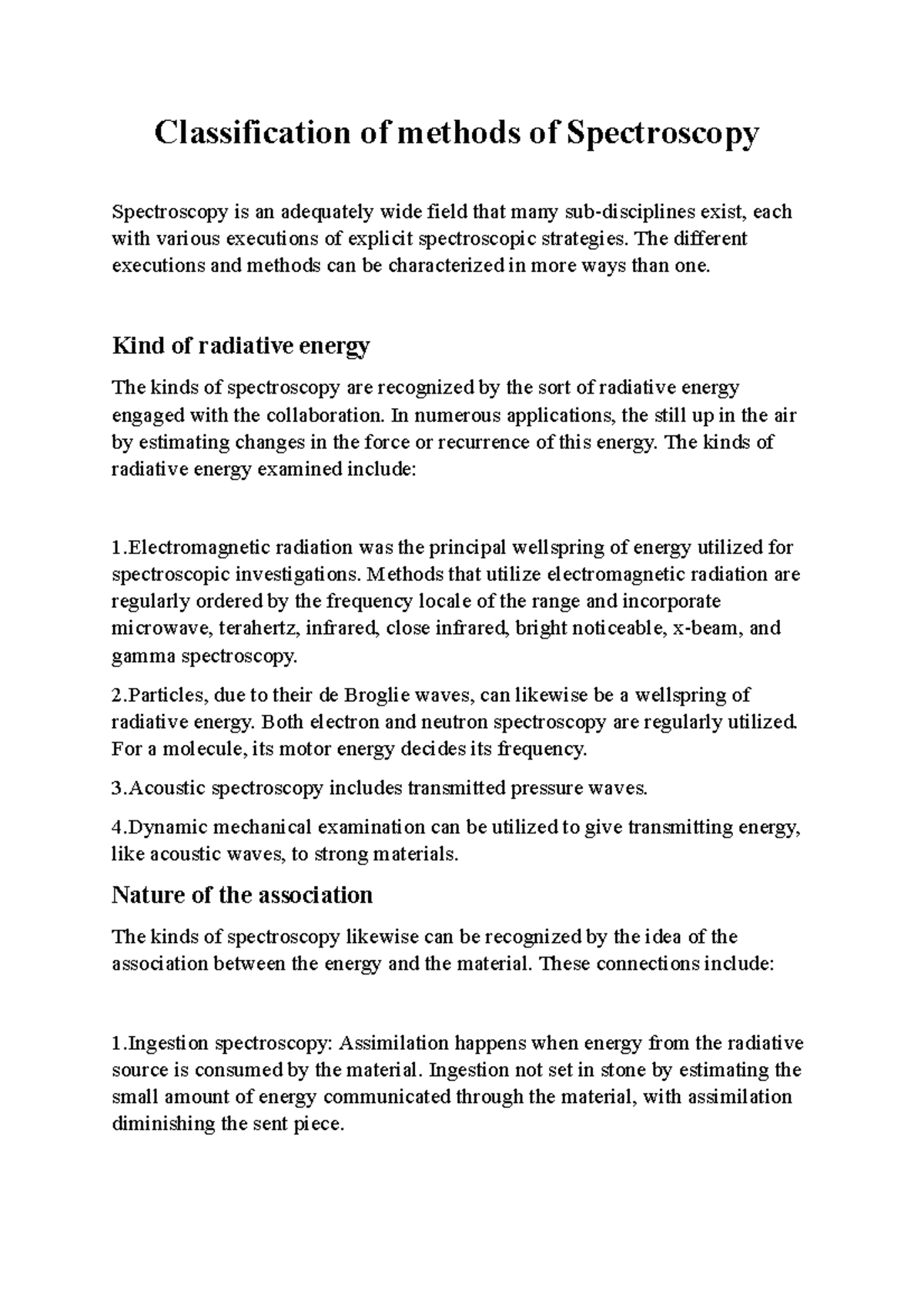 Classification of methods of Spectroscopy Classification of methods