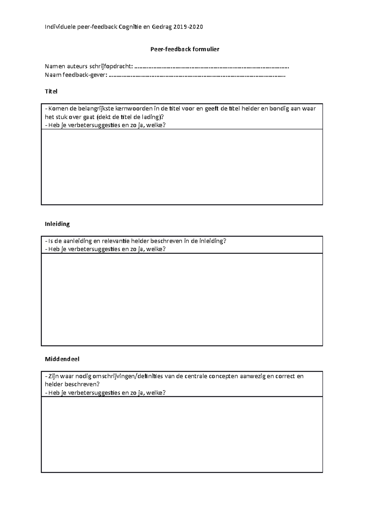 Individuele Peerfeedback Formulier Individuele Peer Feedback Cognitie