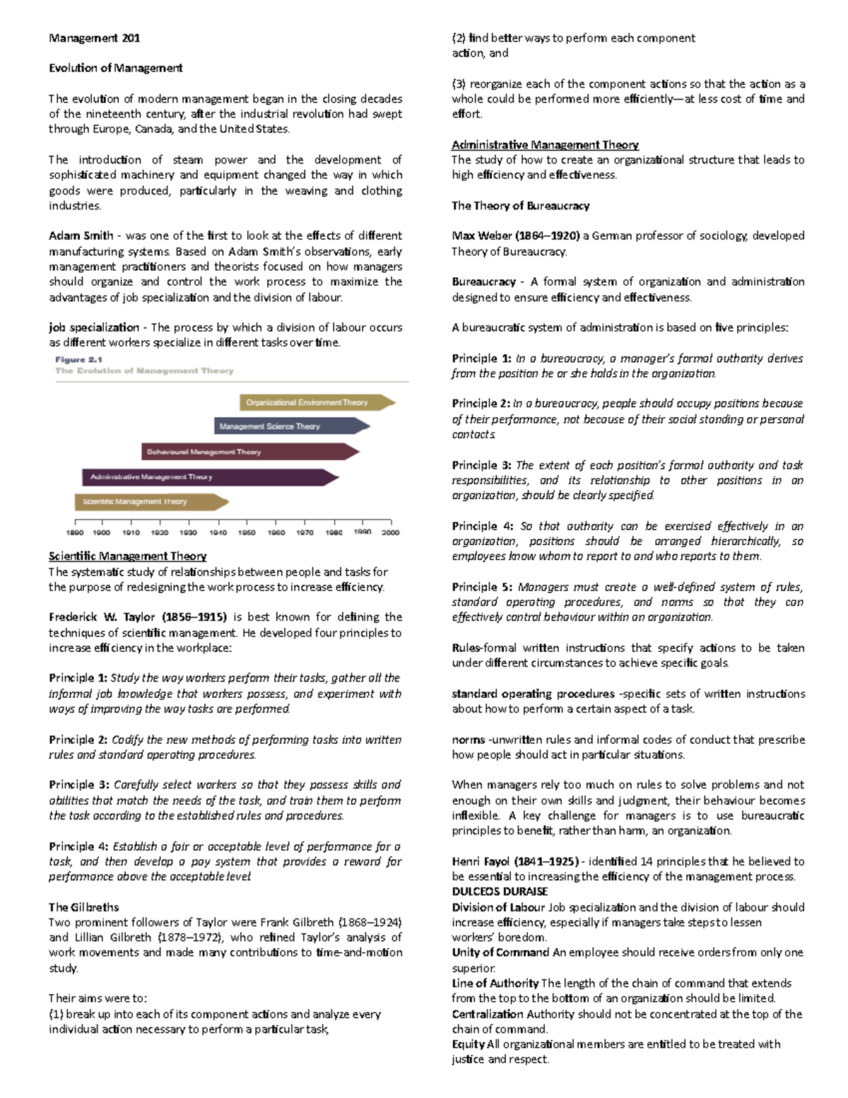 Management 201 review notes - Management 201 Evolution of Management ...