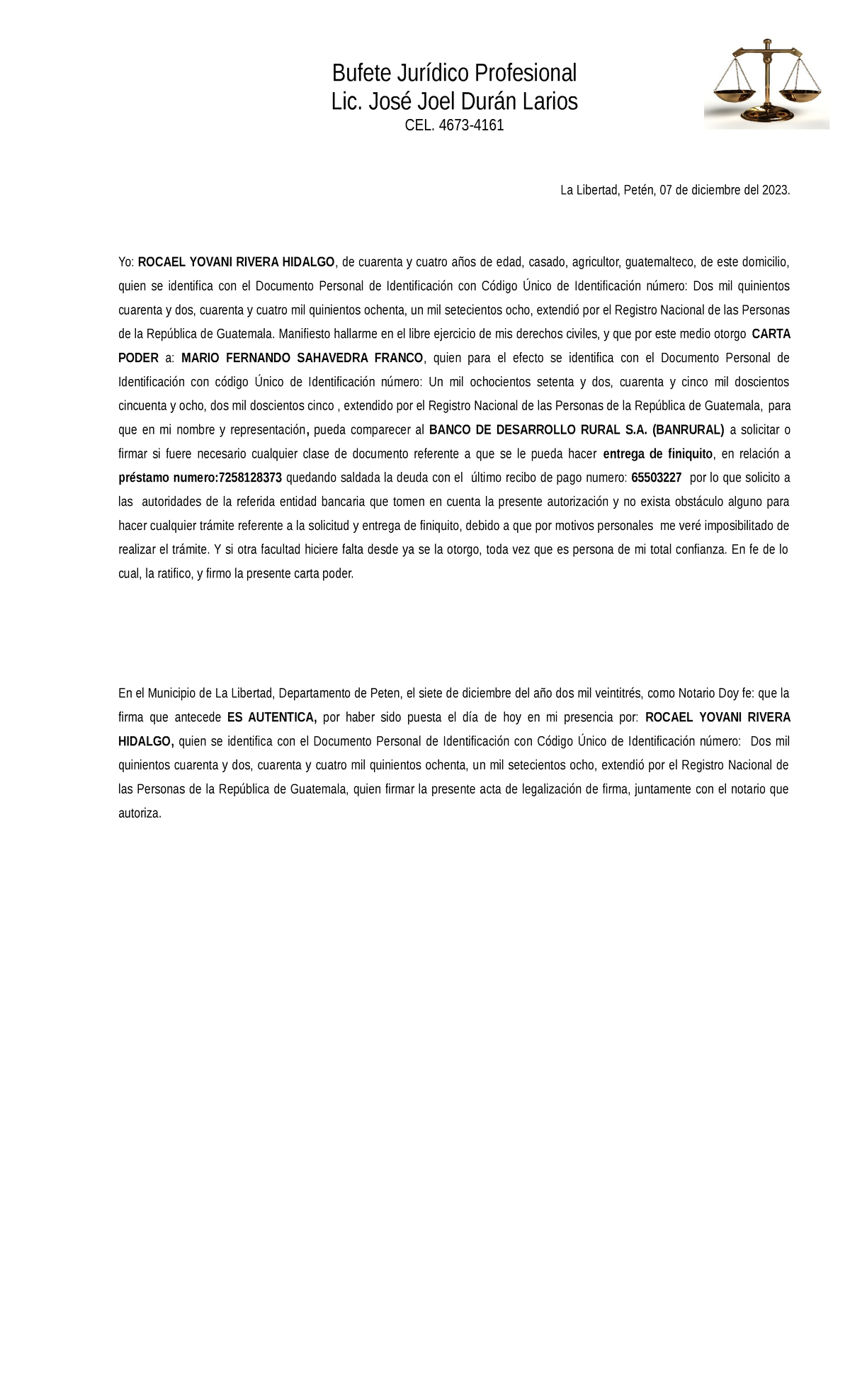 Carta Poder Finiquito Academico Bufete Jurídico Profesional Lic José Joel Durán Larios Cel 4900