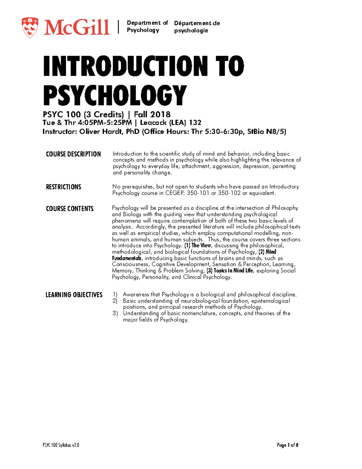 Psyc100 syllabus - INTRODUCTION TO PSYCHOLOGY PSYC 100 (3 Credits ...