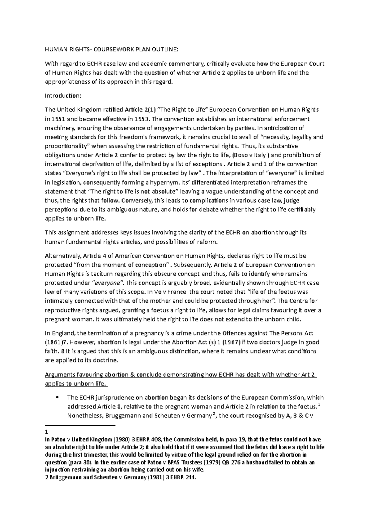 Human Rights Law Outline - HUMAN RIGHTS- COURSEWORK PLAN OUTLINE: With ...